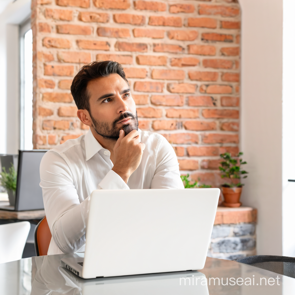Create an image of a man in a white dress shirt sitting at a glossy table with an open laptop before him. He should be posed thoughtfully, with his chin resting on his hand, looking upwards as if he's deep in contemplation. The setting is a cozy interior space with a brick wall in the background, suggesting an office or a home workspace environment. Include a small hint of greenery, like a plant in the background, to add a touch of vibrancy. There should be natural light that implies it's daytime. The scene should capture the essence of a professional engaged in a moment of reflection or problem-solving