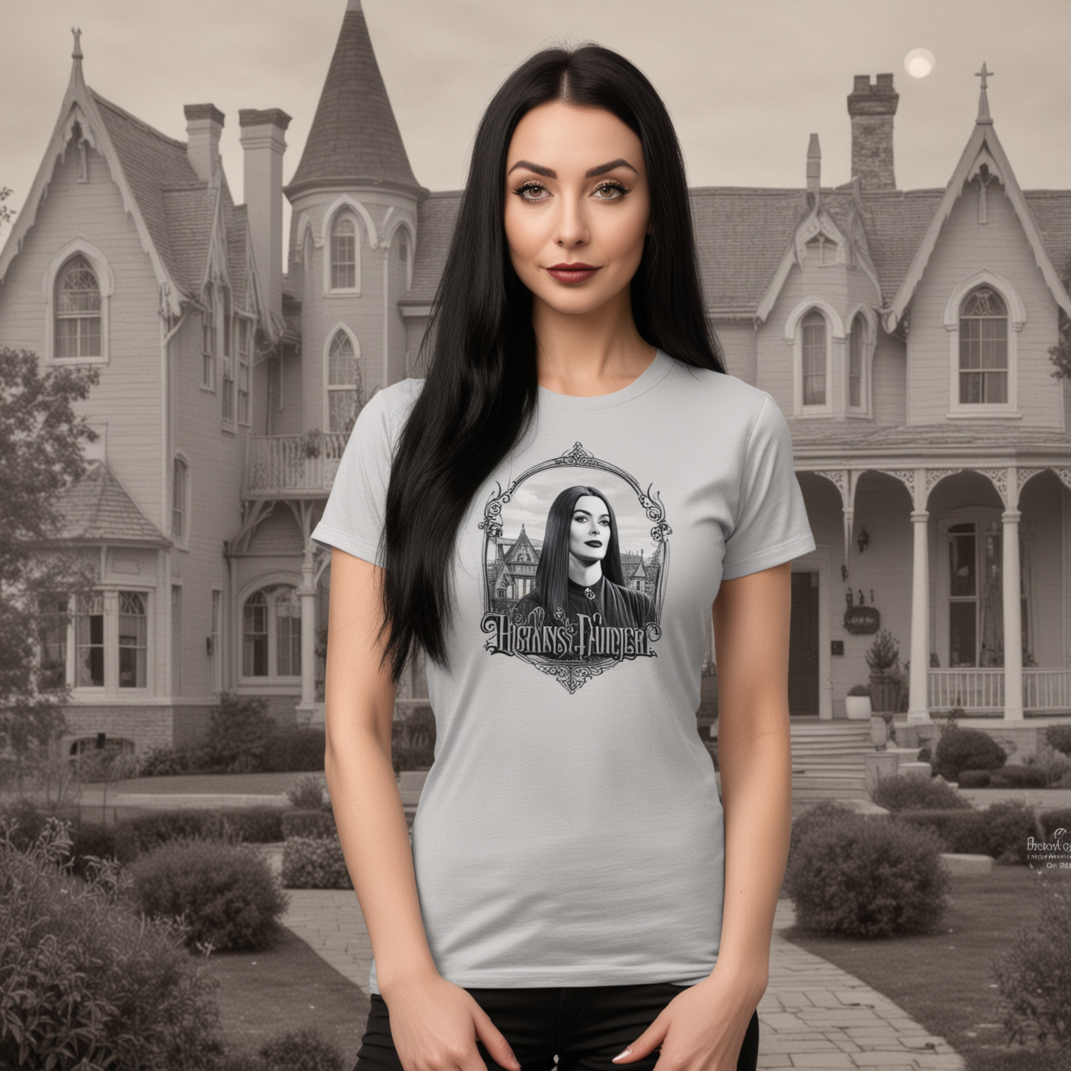 a mockup for a short-sleeved tee.  the tee is a light grey.    the model is a female who resembles morticia addams.  the background of the photo should resemble the addams family house