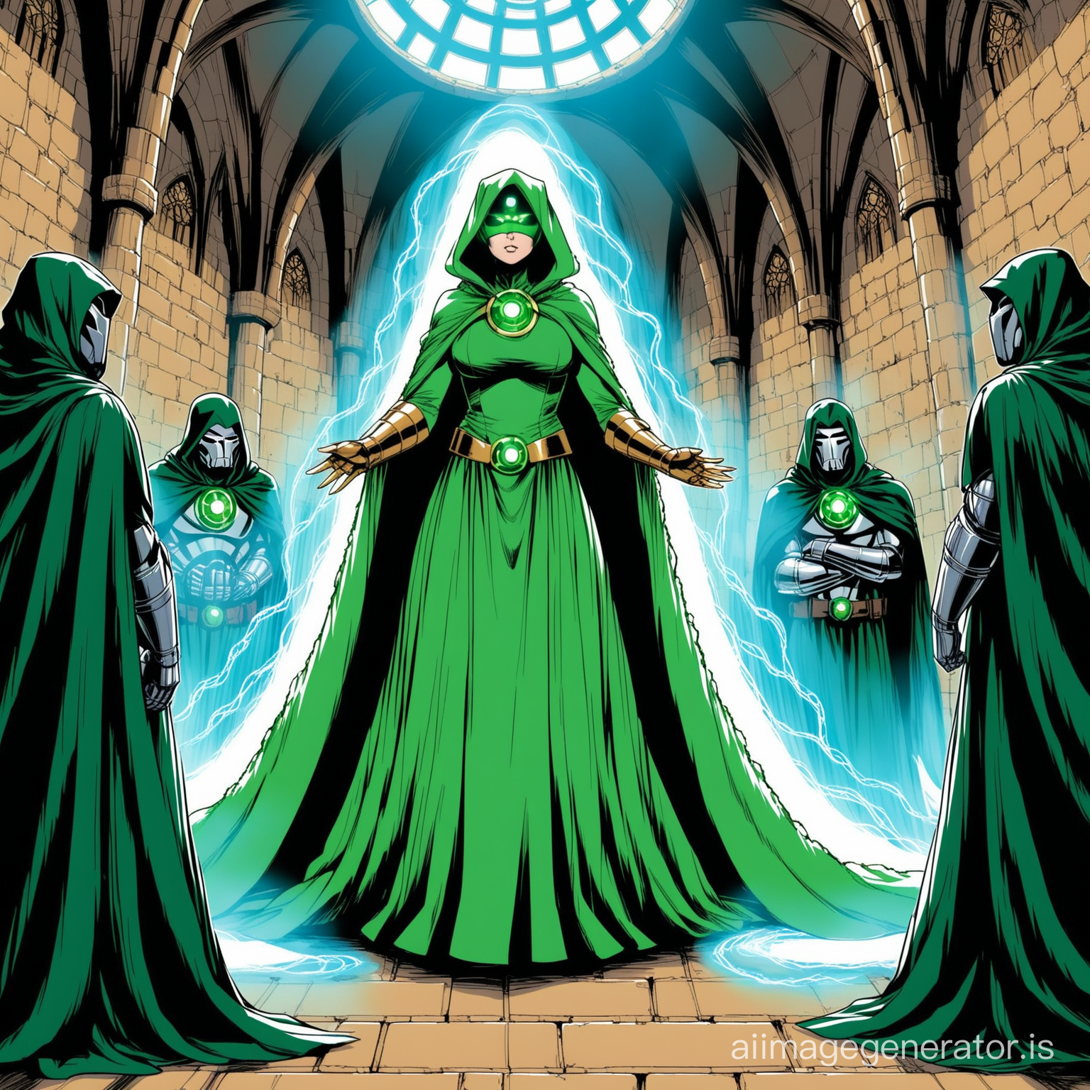 Doctor Doom hypnotizing Sue Storm in a floor-length Medieval dress with heavy cloak and wimple veil