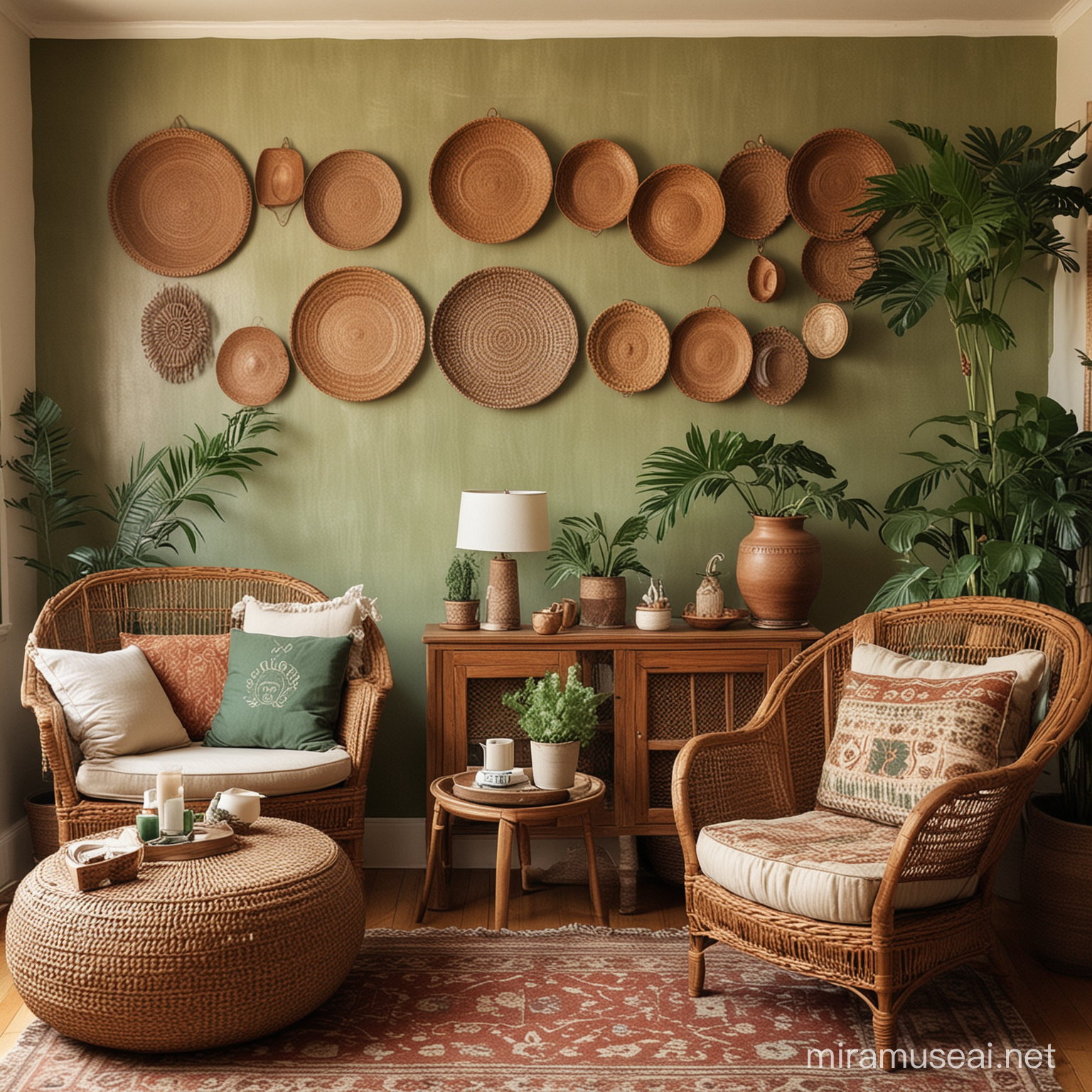 Bohemian Style Room with Earthy Tones and Wicker Wall Decor