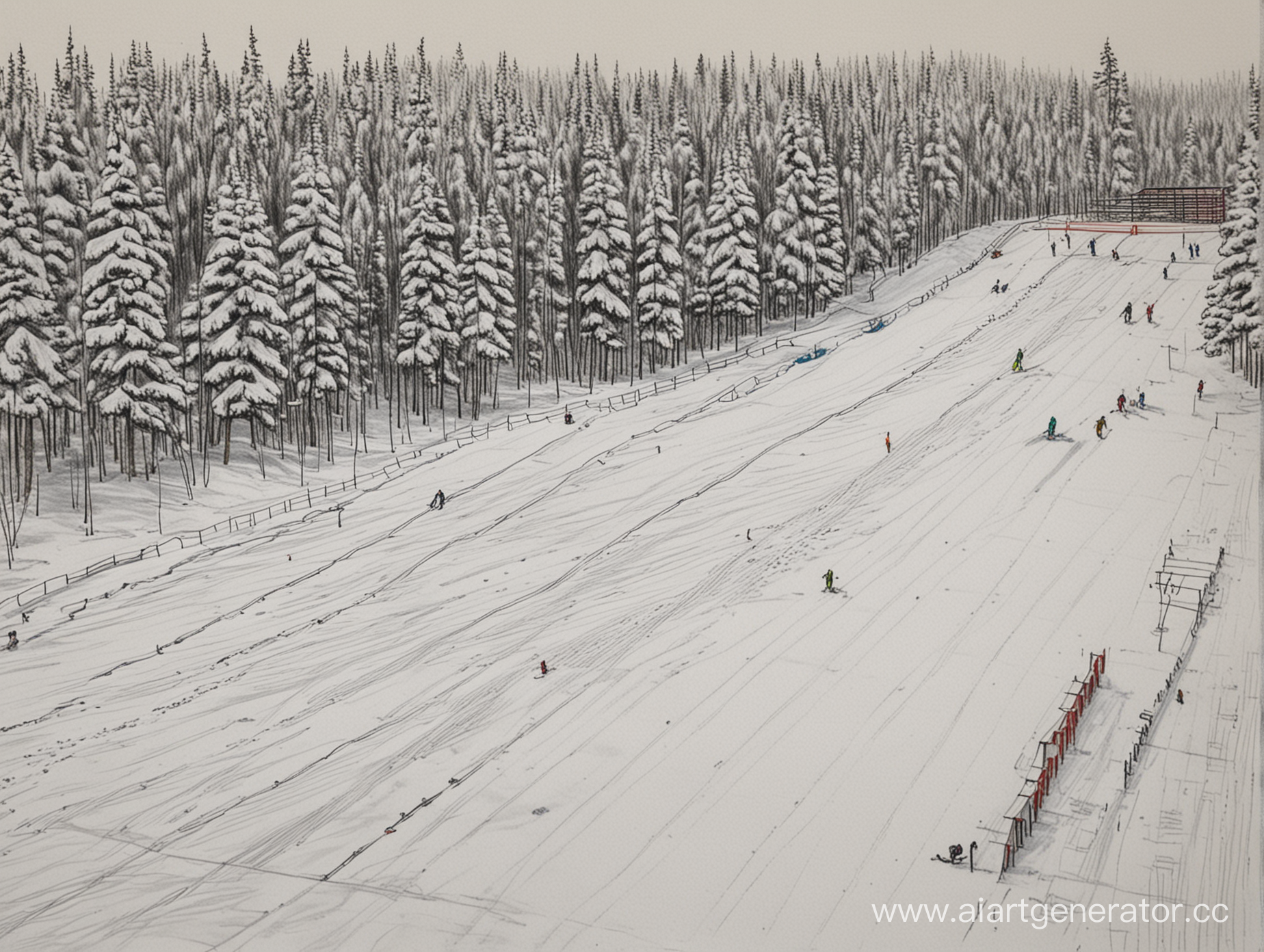нарисуй крытую всесезонную горнолыжную трассу с подъемниками, трамплинами, лыжниками и сноубордистами