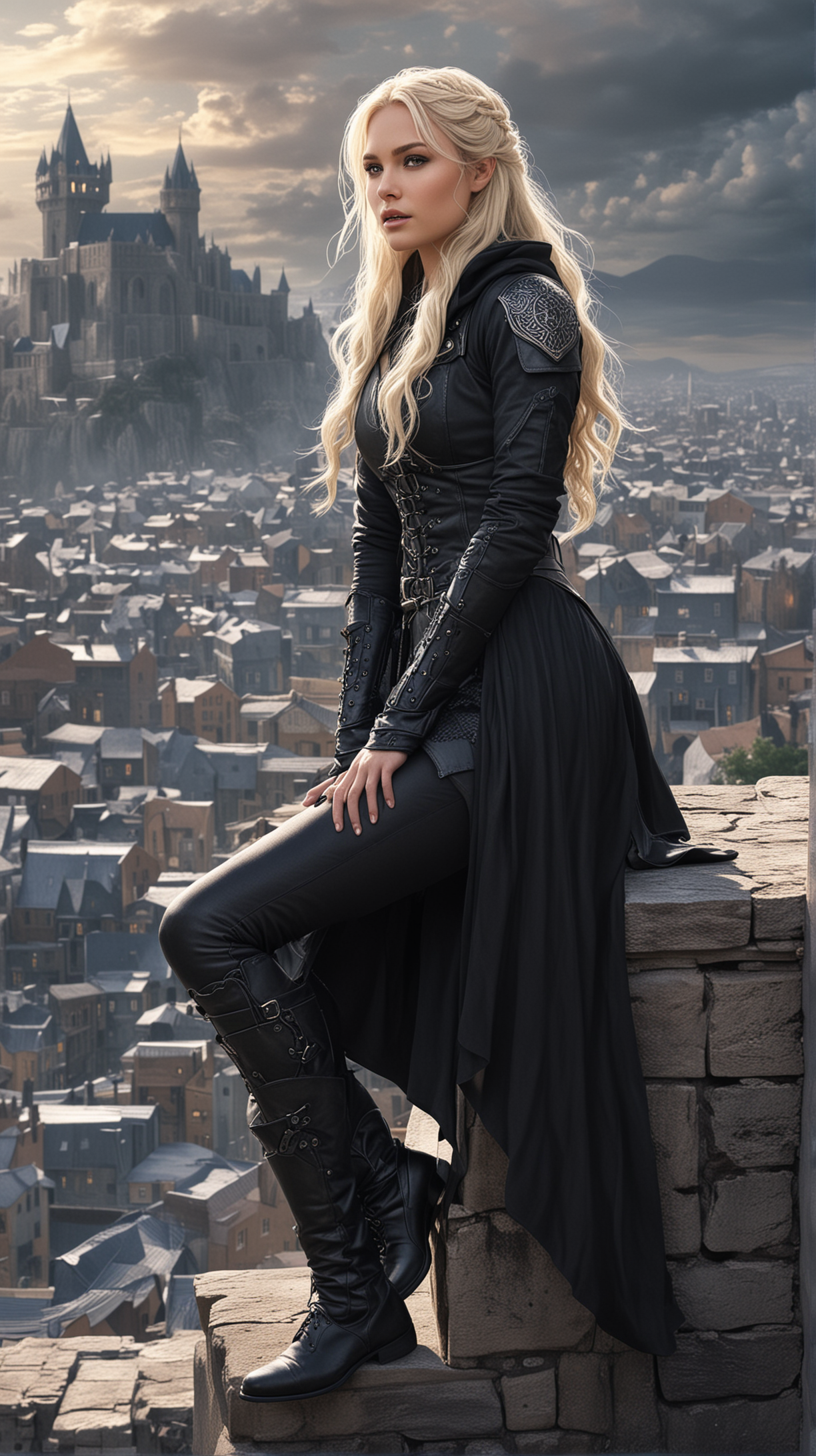 Celaena Sardothien in the city of Rifthold From Throne of glass series by Sarah J Maas. She should be CROUCHING like an assassin on top of the city’s houses and dressed in black
