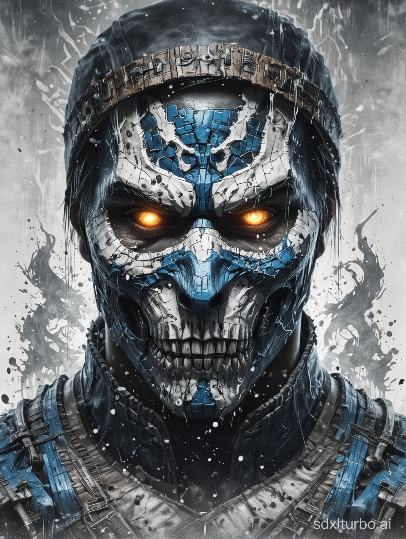 Sub Zero from Mortal Kombat, skull face, cold white dull lifeless eyes, very scary character, close-up, ink artistic conception, with typography elements, abstract, complementary colors, mosaic of characters, wallpaper style, simplicity, Chinese painting, white background
