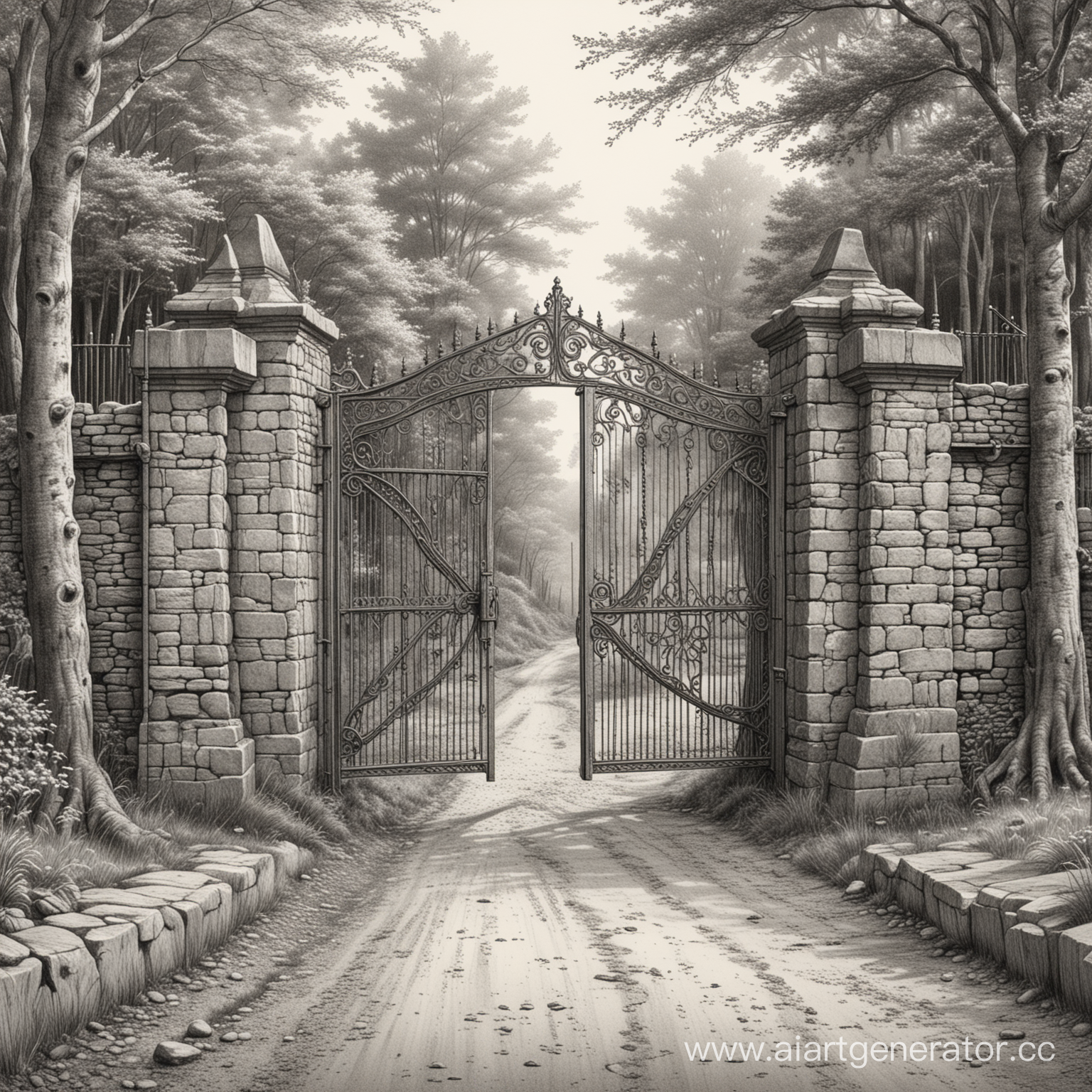 point of vierw on middle ages stylised metal gate with gravel road going forward into forest, detailed pencil sketch