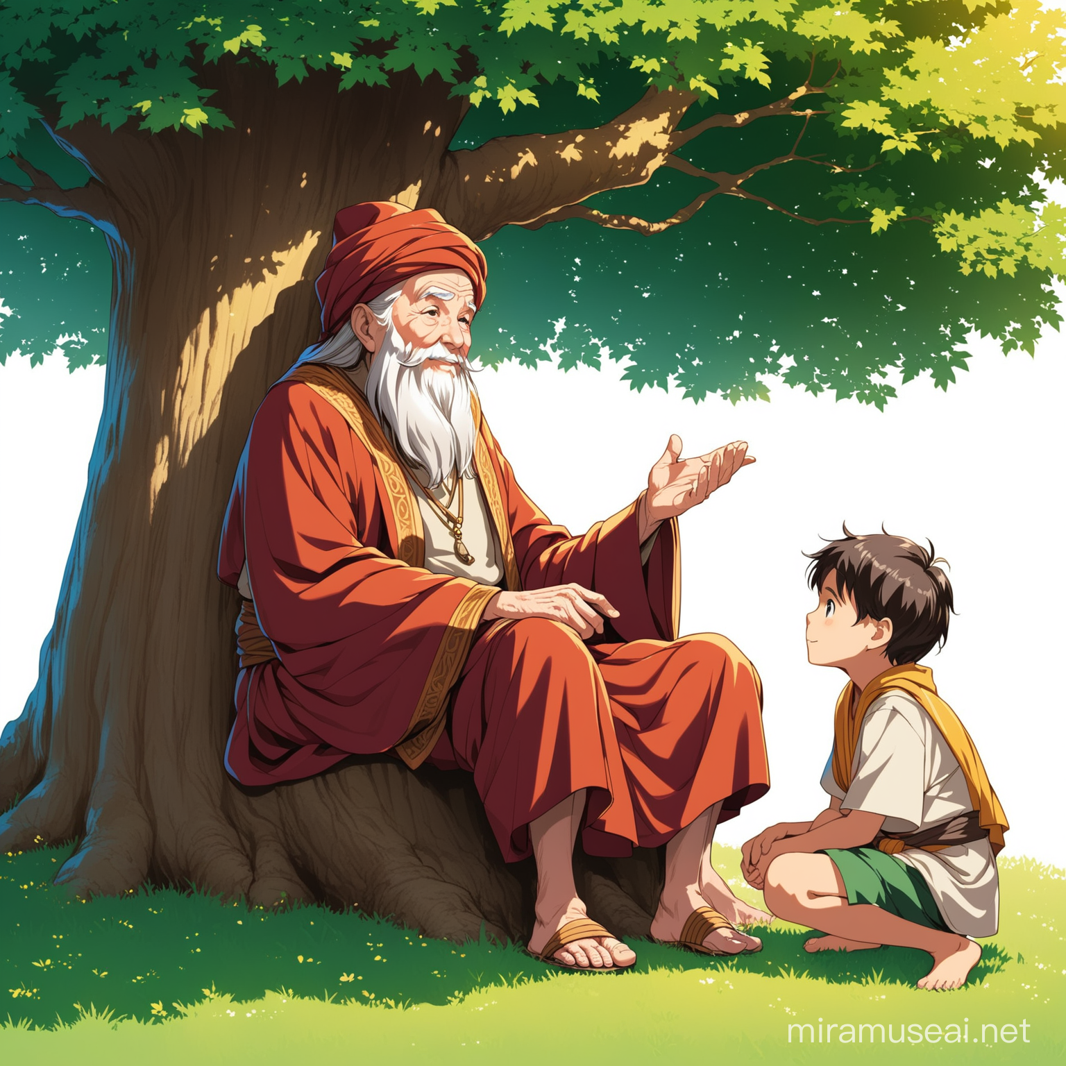 old wise man with boy under tree giving him advise
