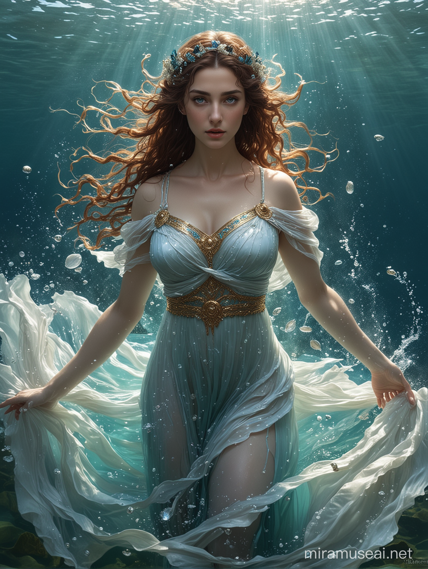 A masterpieced of Kimiya Hosseini as Leucothea, Greek goddess of the sea. She is under the sea, and her Greek dress flows ethereally in the water until it mixes with the water until it disappears. She has has blue eyes.