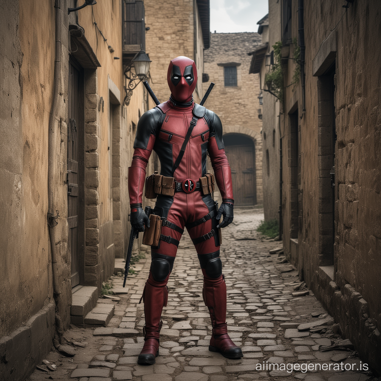 Deadpool, in 1850, standing in a dark alley in a medieval village, photo in color