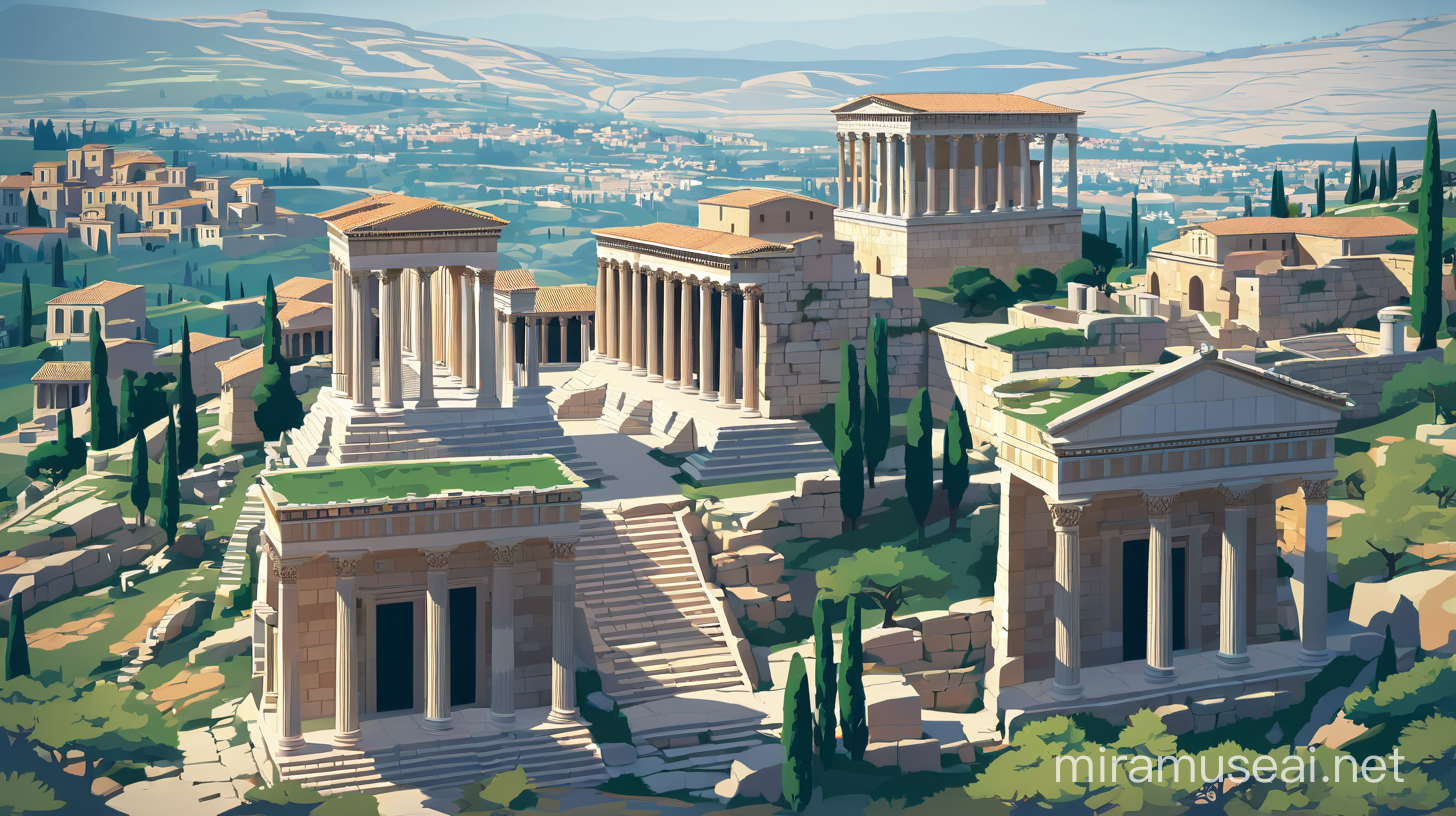 Mixed style of flat vector art and travel poster: ancient city of Cyrene reconstruction in original state, vivid colours.