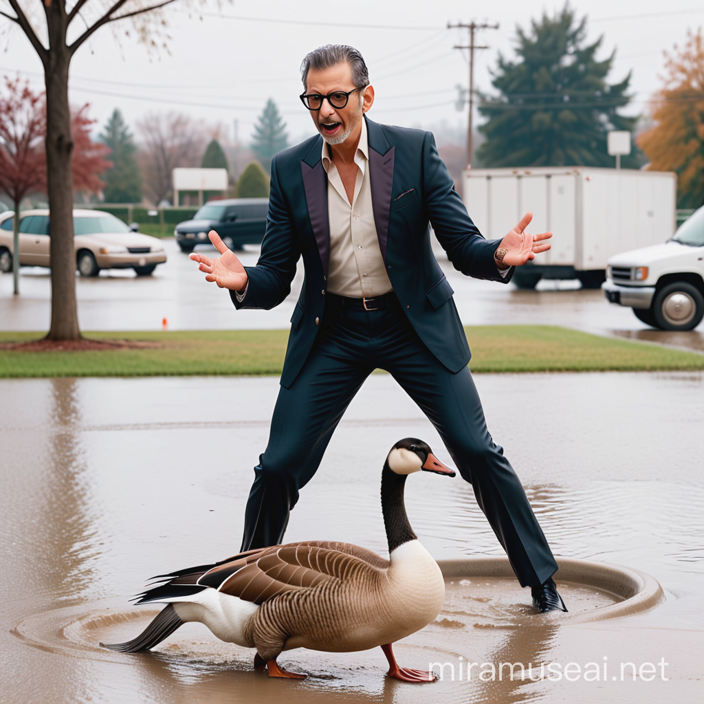 Jeff Goldblum fighting a Canadian goose in a flooded parking lot 
