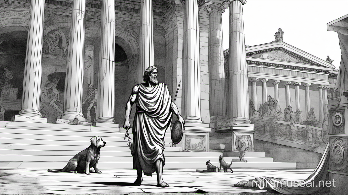 Odysseus and Argus (the dog) reunite outside the palace, just like as in the actual book, The Odyssey. Black and white.