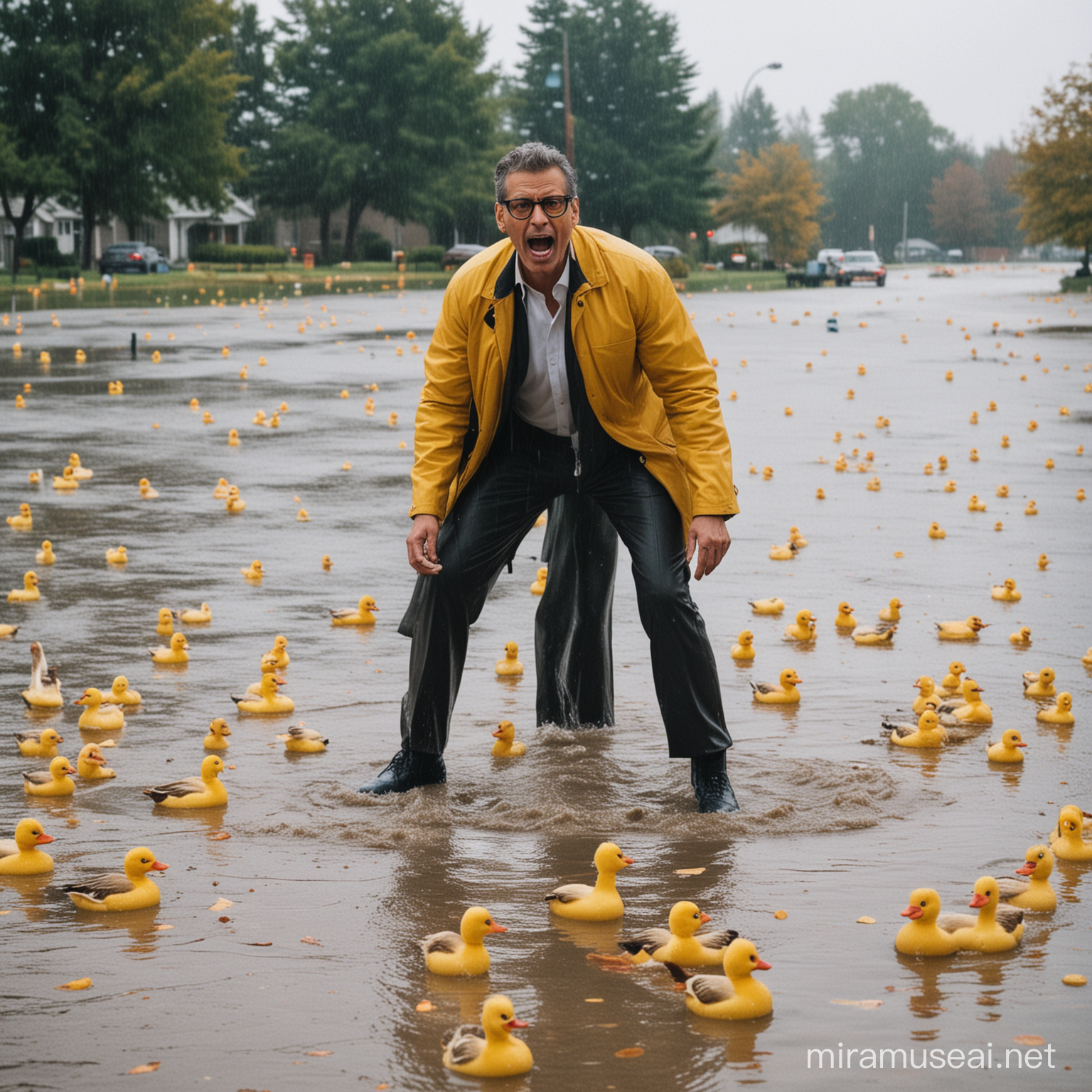 Jeff Goldblum fighting a Canadian goose in a flooded parking lot with rubber ducks in the water around them