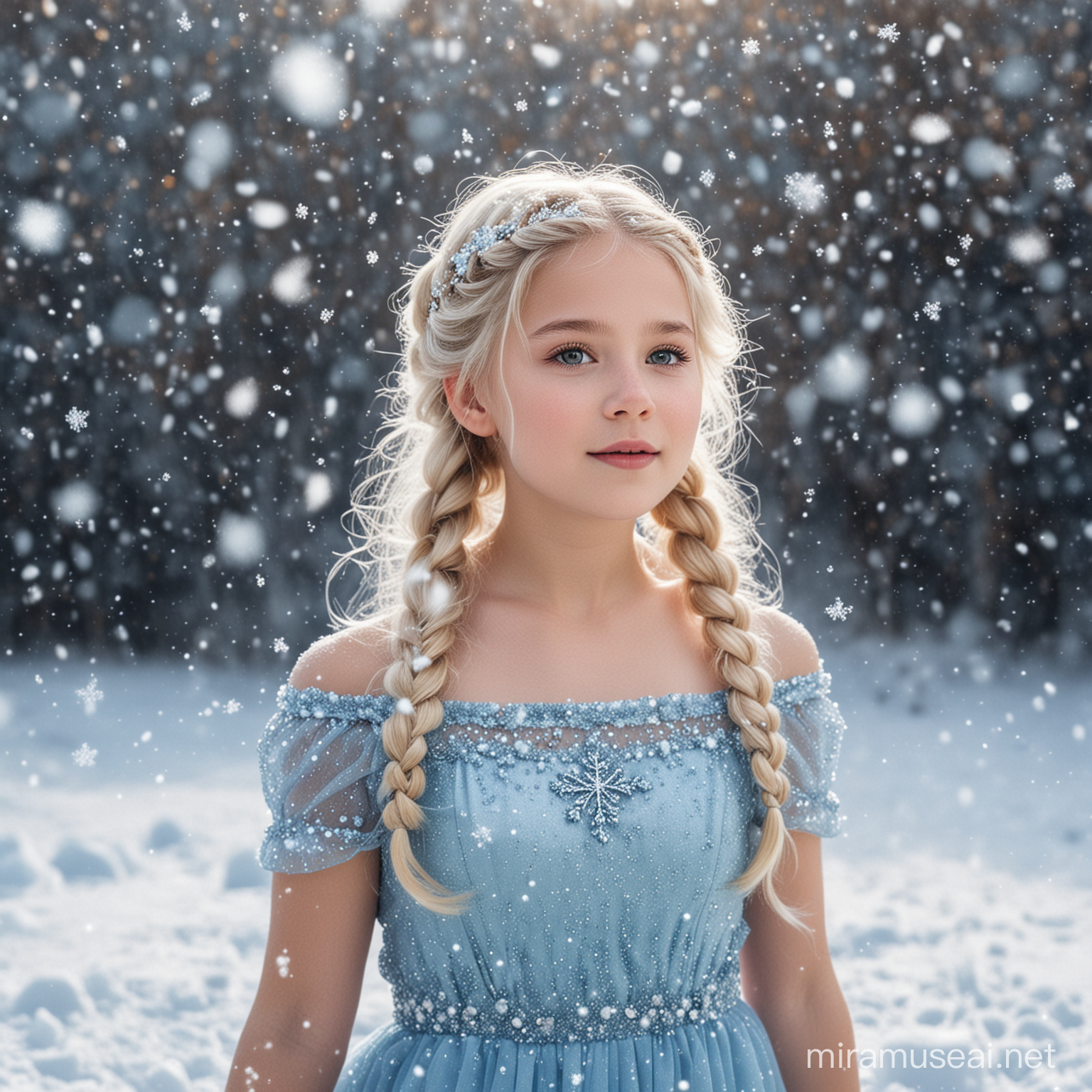 little white girl being an ice queen with magic powers living in the snow environment playing with snowflakes wearing a light blue glittery dress with blond braided hair to the side with ice flowers in the hair