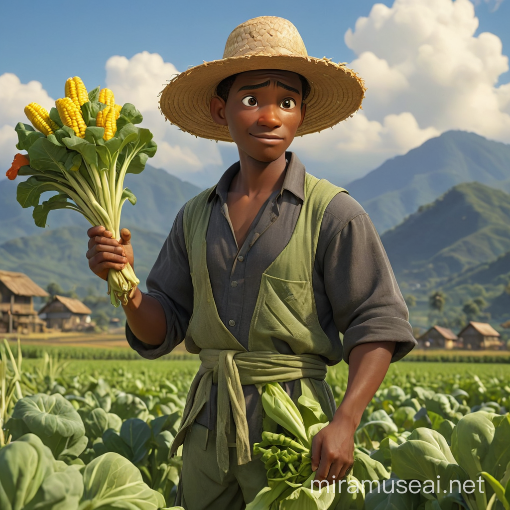 create a image with pixar 3D animation, a 35-year-old black farmer, wearing flowing garments fashioned from the supple hides of animals, harvesting vegetables, mustard greens, cabbage, carrots, broccoli, tomatoes, chili peppers and harvesting corn, rice, rice in the rice fields with a background of rice fields and mountains and a clear sky.
