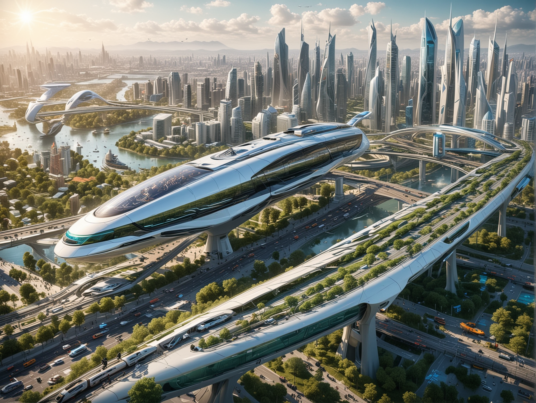 A futuristic city with advanced technology, machines, flying cars, green spaces, parks, futuristic bridges, a central hub with high-speed transportation systems, and futuristic trains and monorails