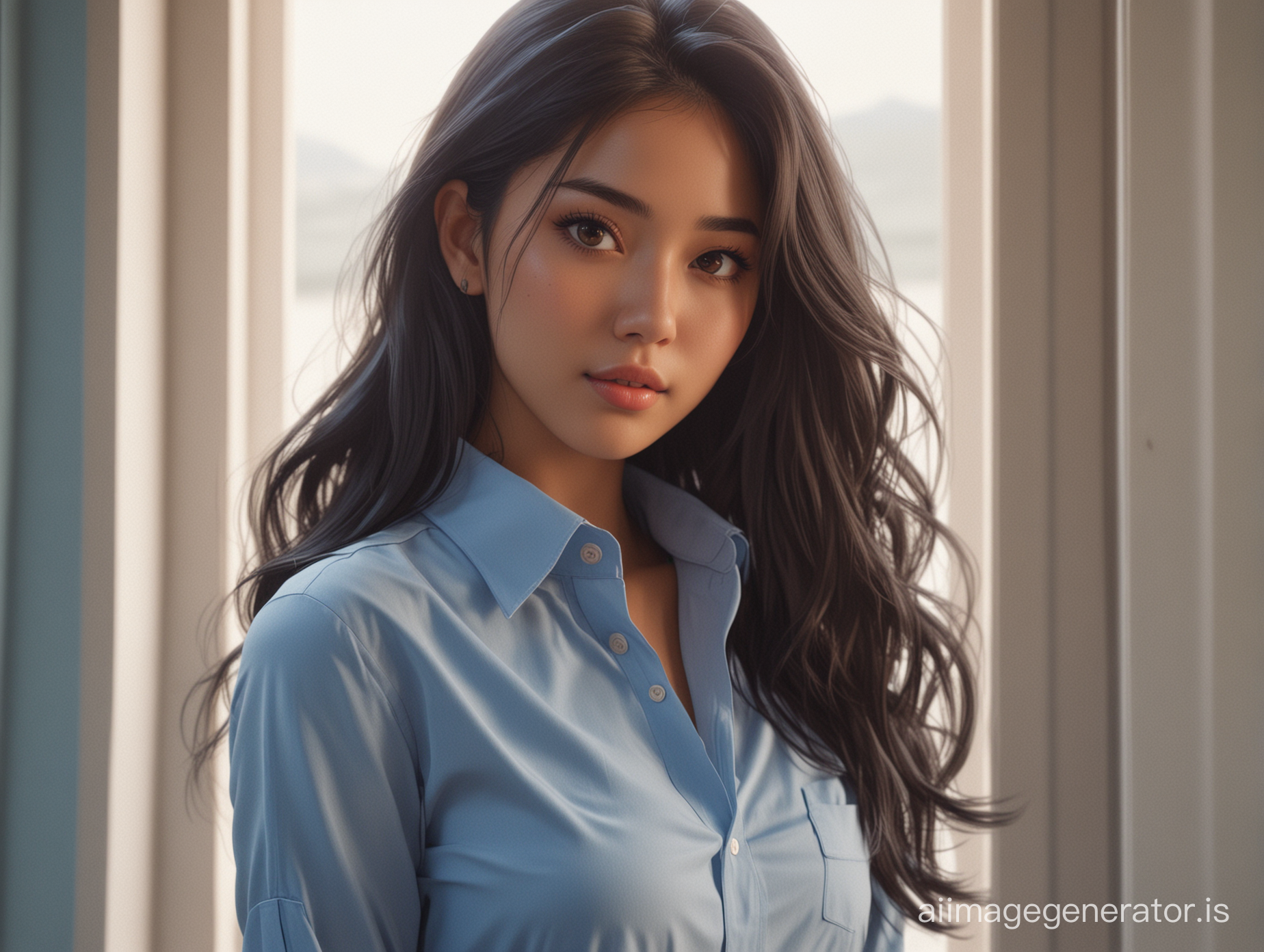 an indonesian gorgeous exotic woman, long black hair, round face, big brown eyes, wide flat nose, glowing tan skin, wearing a blue button down shirt, standing by a window, in the style of artgerm, tanbi kei, Ross Tran, comic art, i can't believe how beautiful this is, anime aesthetic, erin hanson, kawacy, schoolgirl lifestyle, manga inspired, hip-hop style, realistic human figures, 32k uhd, hdr, ultra realistic
