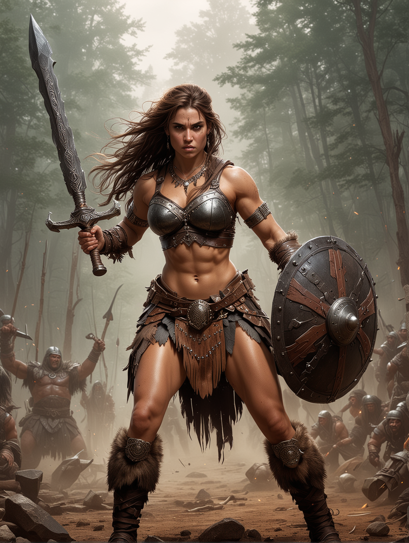 
Barbarian Woman:
Description: A sturdy and intrepid warrior, wearing reinforced leather armor and tribal ornaments. She wields a massive mace with impressive agility, ready to cleave through her opponents with fierce determination.