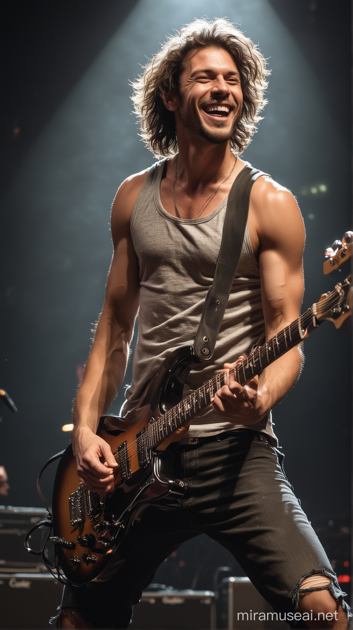 cool photo of a strong man rock guitarist in a tank top, on a stage playing his guitar, looking at the camera and smiling, it's night and the lights illuminate his face and his guitar is well lit, behind him there is an audience jumping and cheering