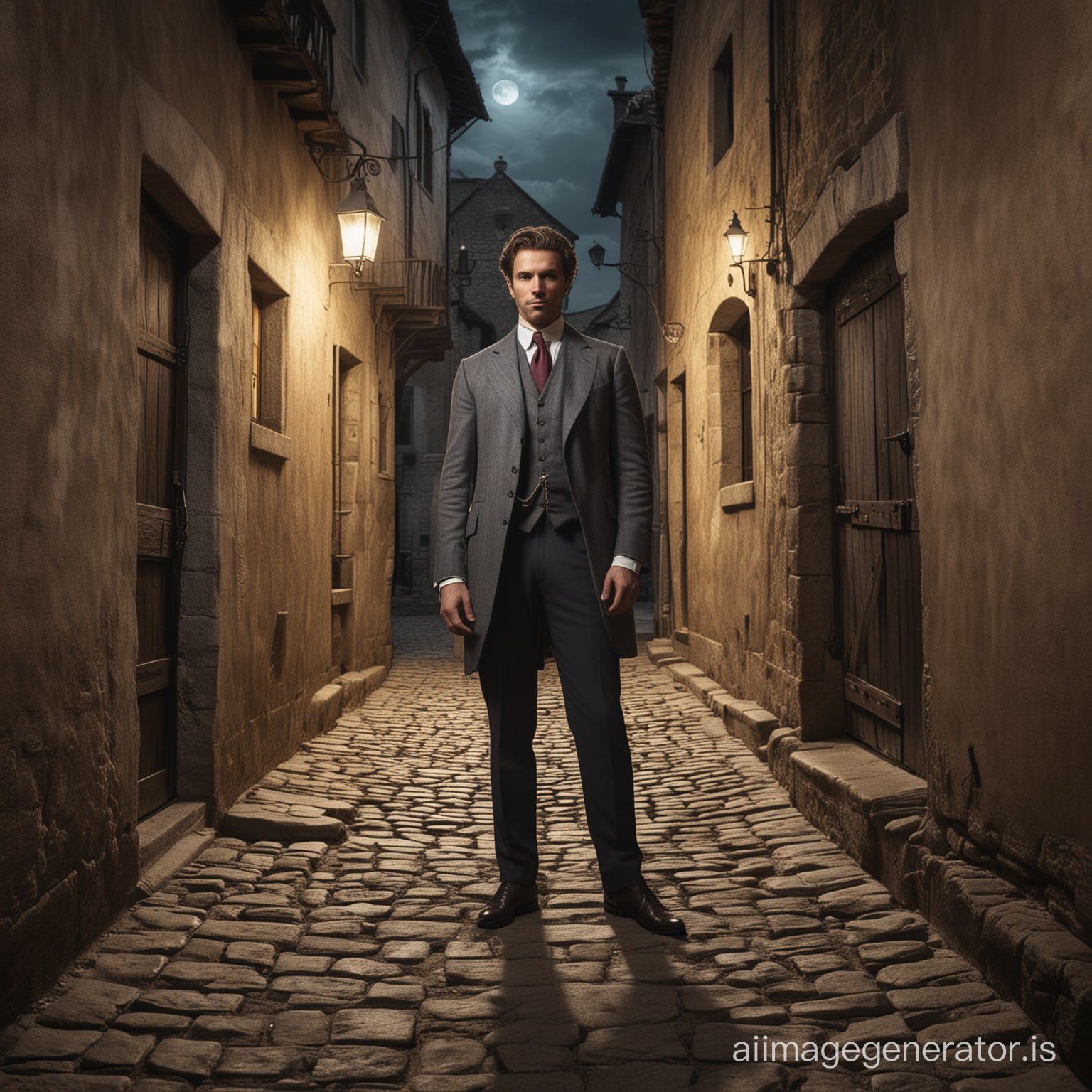 Businessman, 1850, standing in a dark alley in a medieval village, photo in color