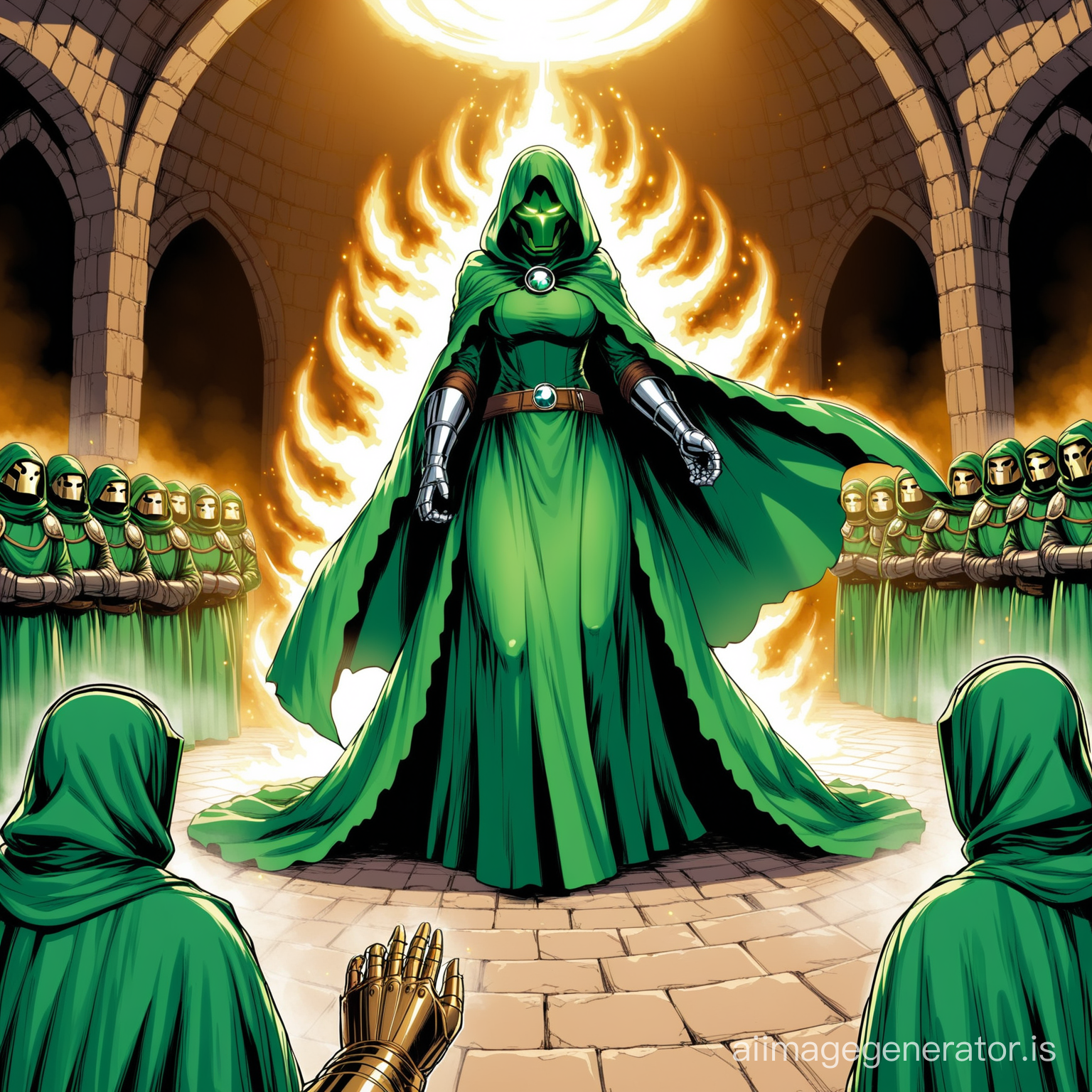 Doctor Doom hypnotizing Sue Storm in a floor-length Medieval dress with heavy cloak and wimple veil