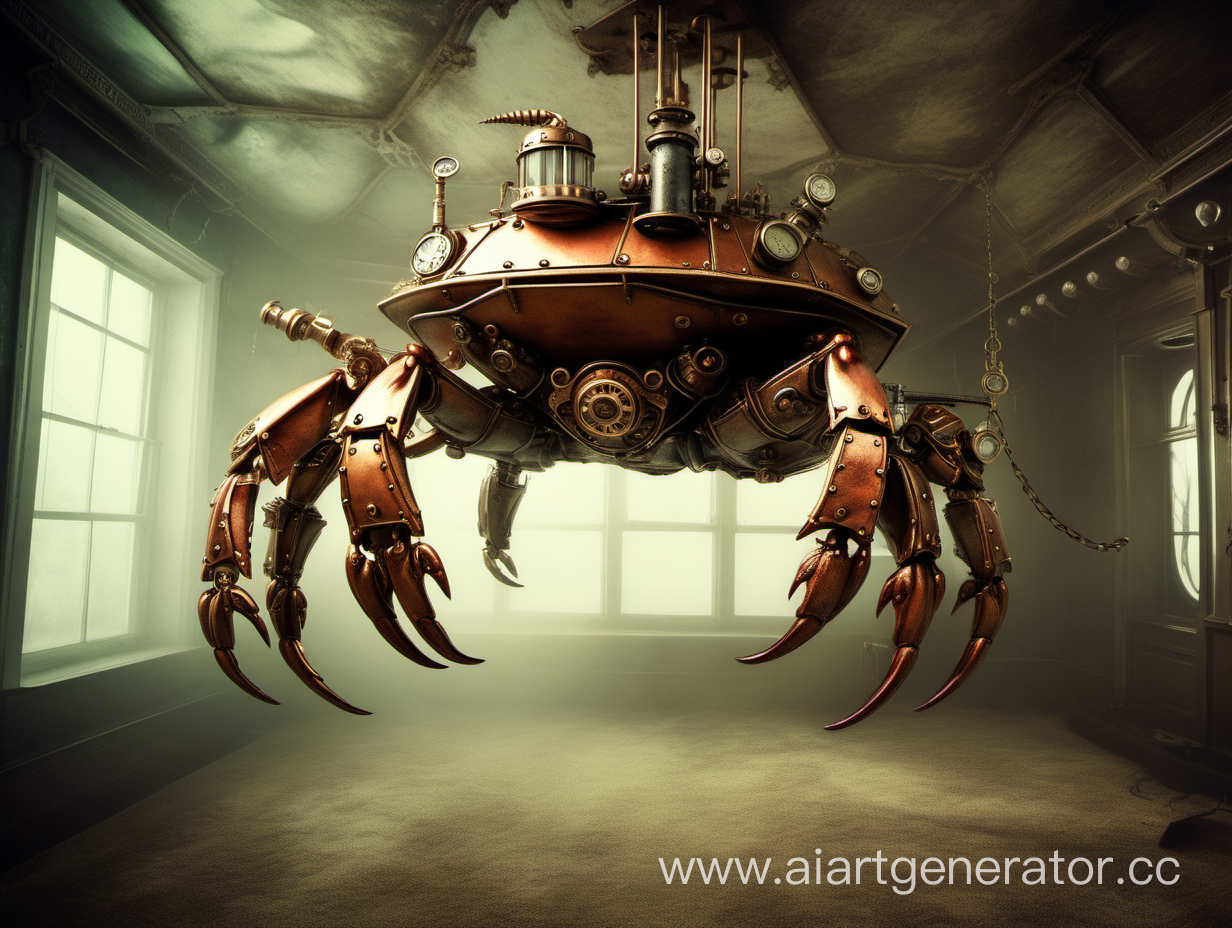 steampunk crab-tank standing on a celling of a room turned upside down