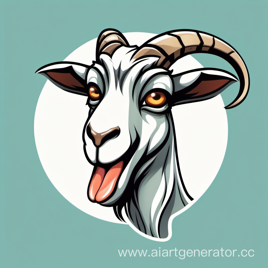 goat, head close-up, logo, funny, side view, tongue out, cartoon style, neutral background, cartoon, logo character