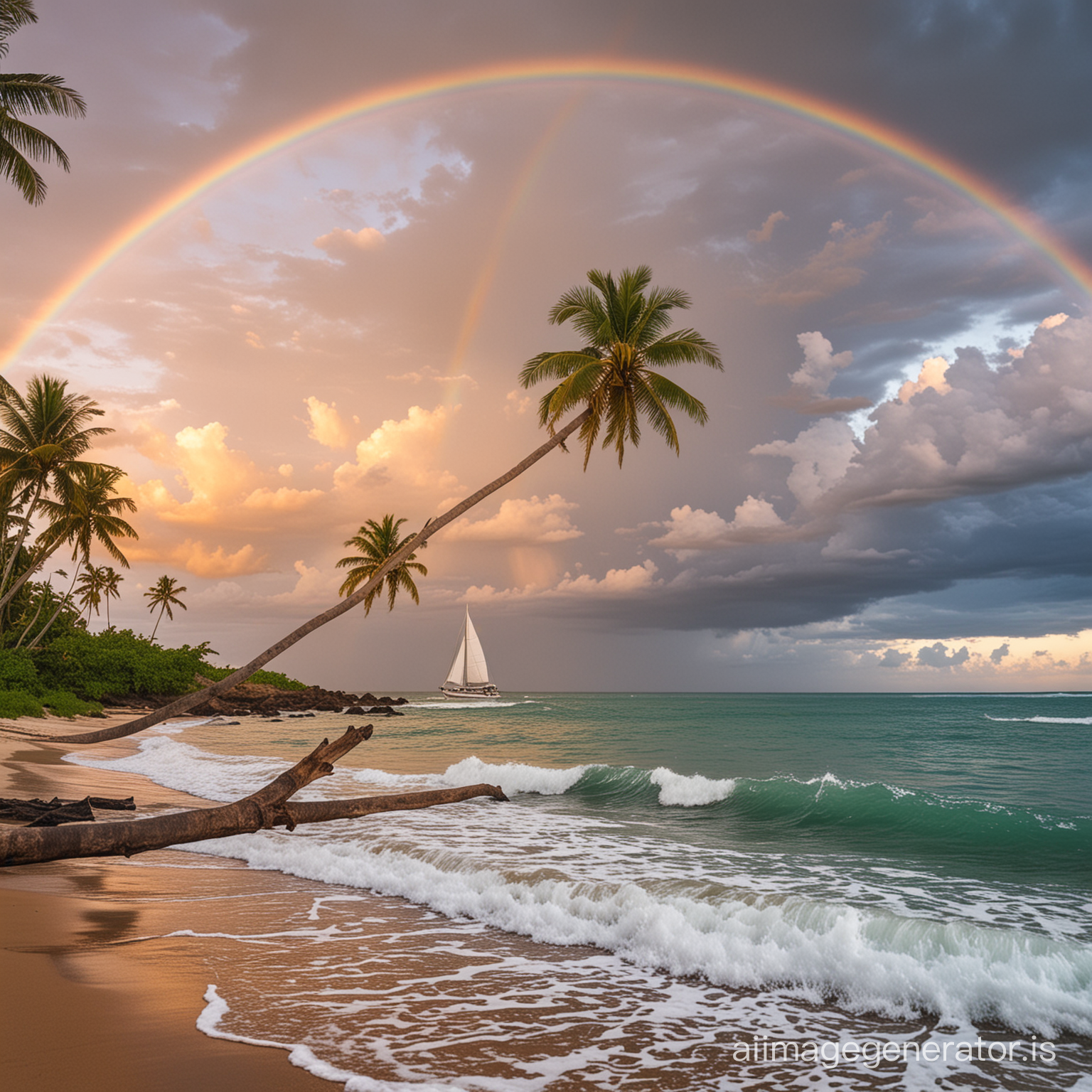 海边，沙滩，椰子树，夕阳，白云，彩虹，帆船，海浪，拄着拐杖的长者