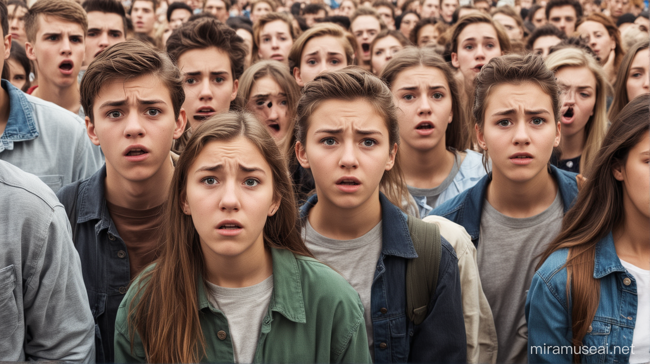 teenagers stood in a crowd looking forward and scared