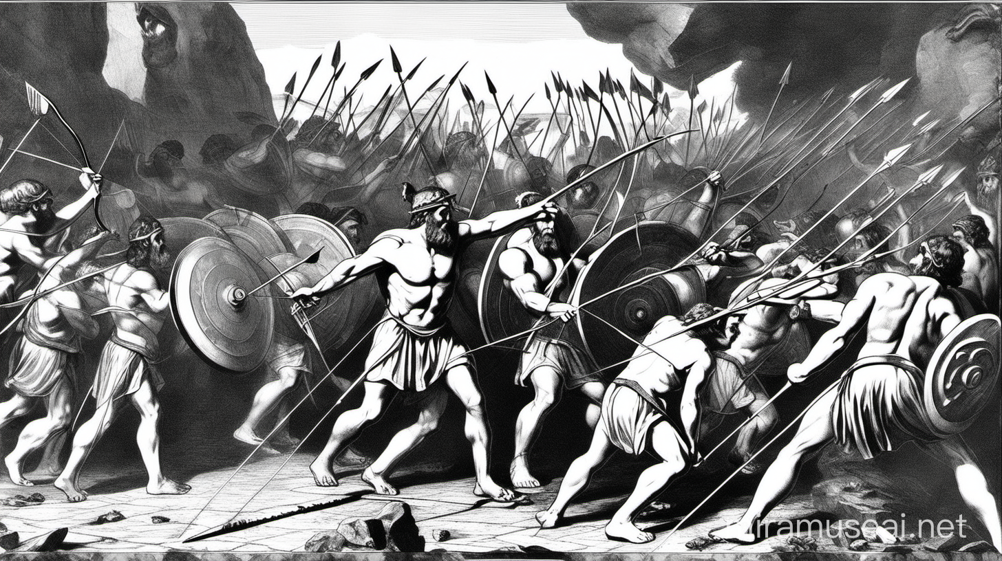 Odysseus shoots an arrow through 12 ax-handle sockets, just like as in the actual book, The Odyssey. (make this scene) Black and white.