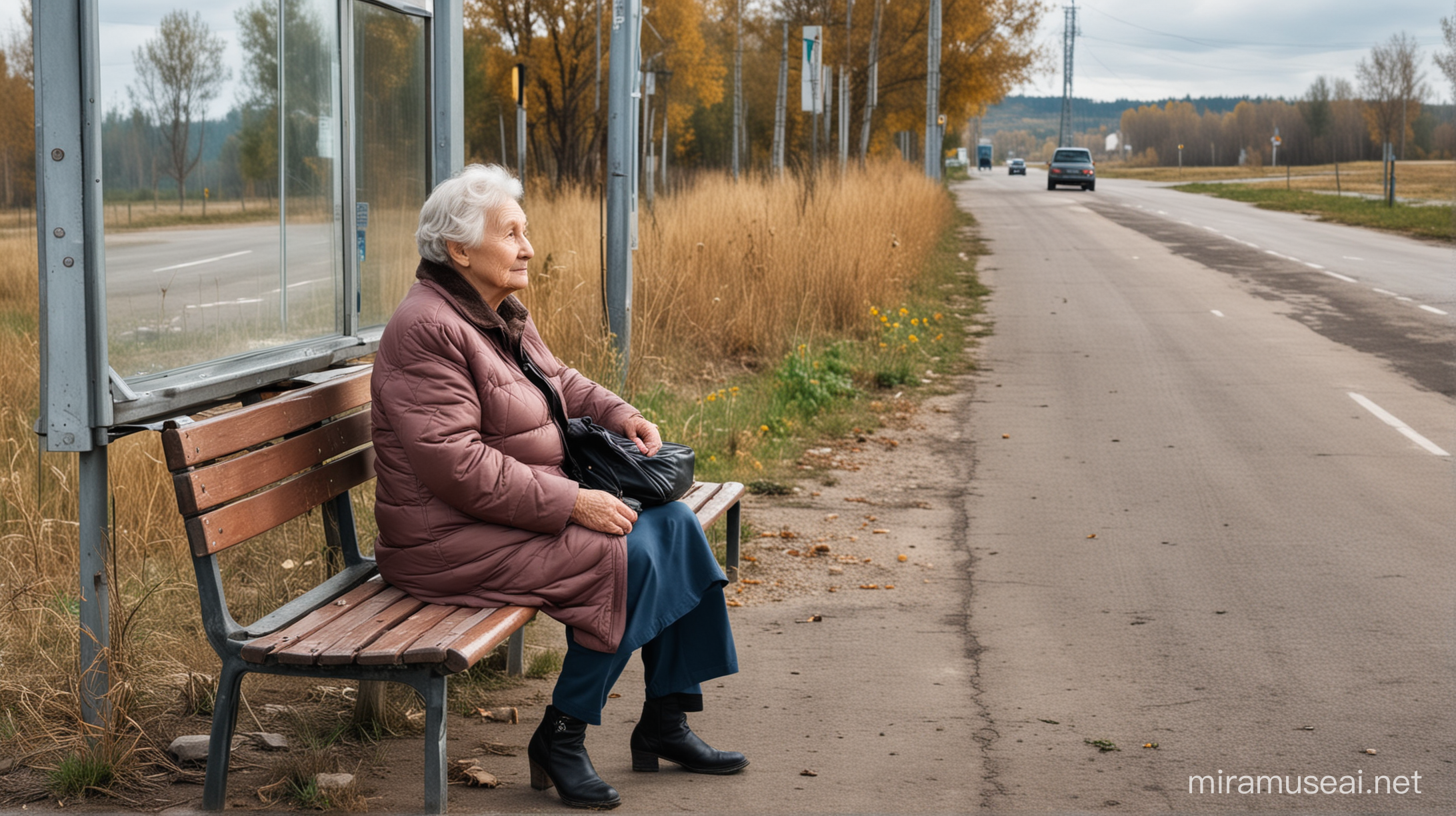 Elderly Woman Waiting at Rural Russian Bus Stop