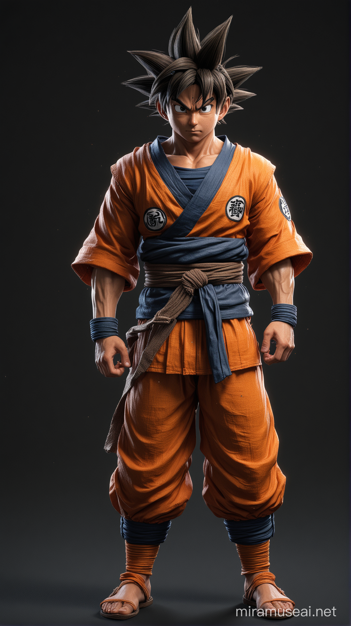 Goku::1.5, wearing Keikogi, Black background, 3D, Detailed textures, Unreal Engine, Full body view, Dark with work lights, Style of No Man's Sky game art 
