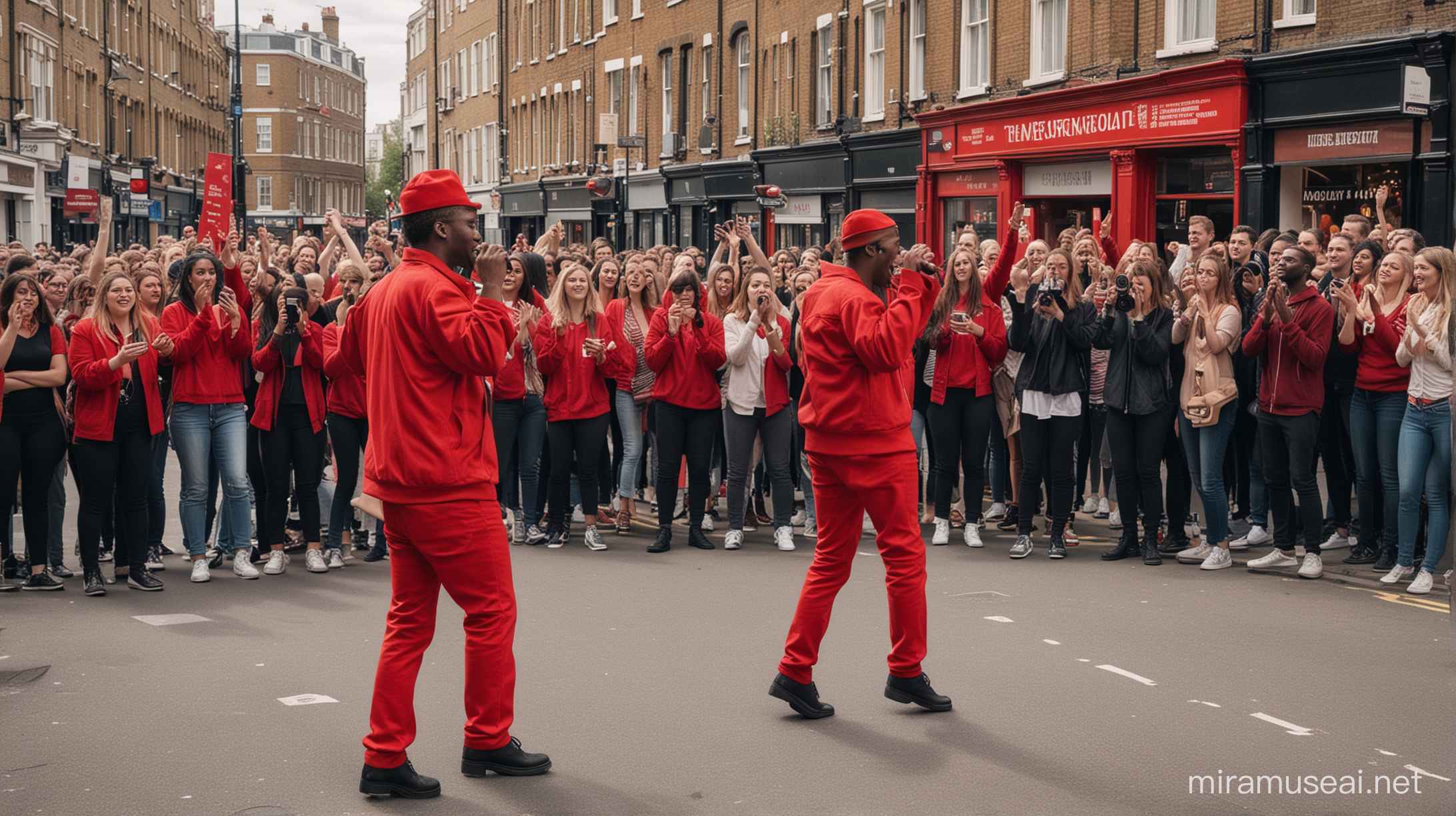 show me realistic  street in London where you see a queue of people dancing to a DJ dressed in red that has a big speaker and it's playing for  the people in the queue