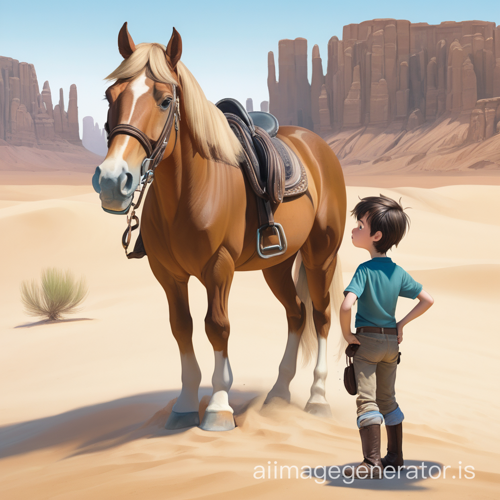 a boy and a horse in desert