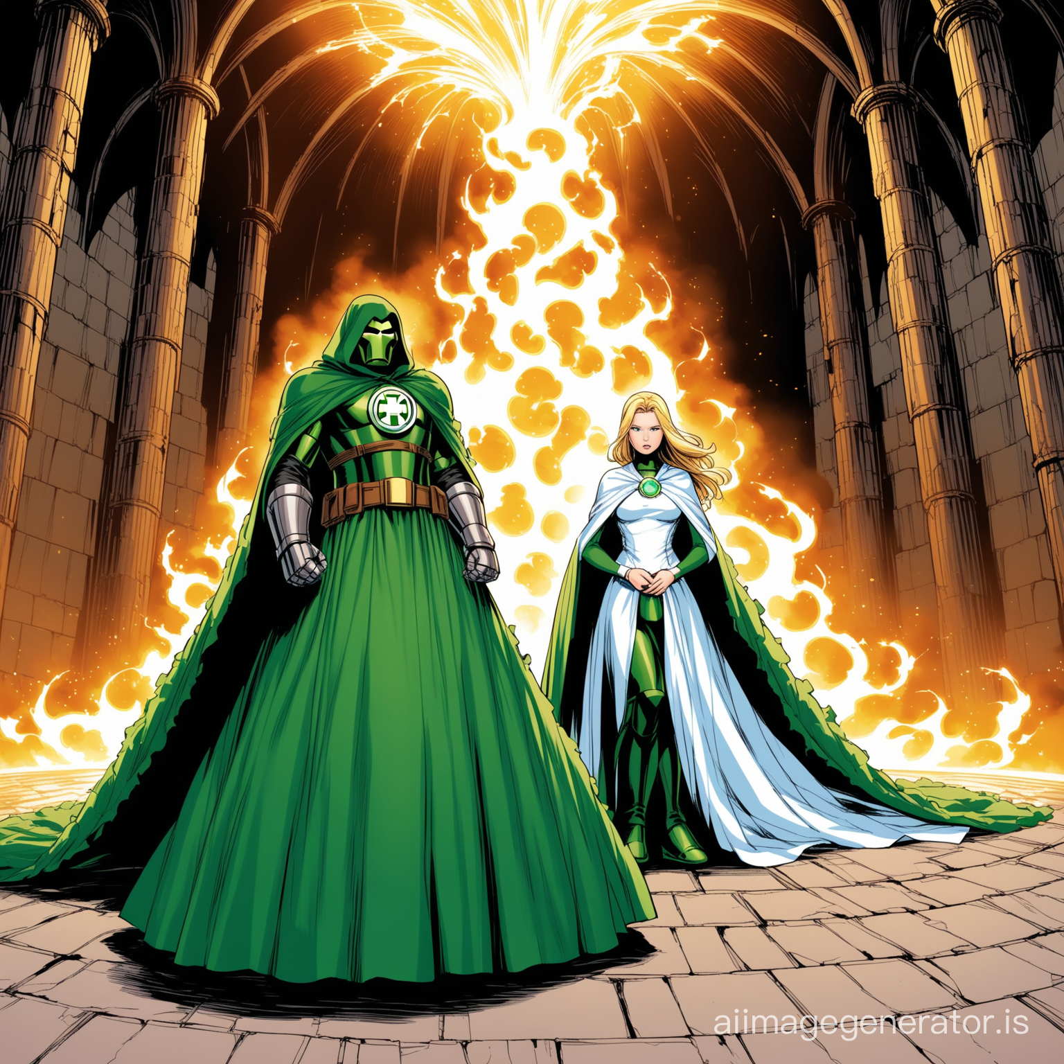 Doctor Doom hypnotizing Sue Storm in a floor-length Medieval billowing dress with heavy cloak