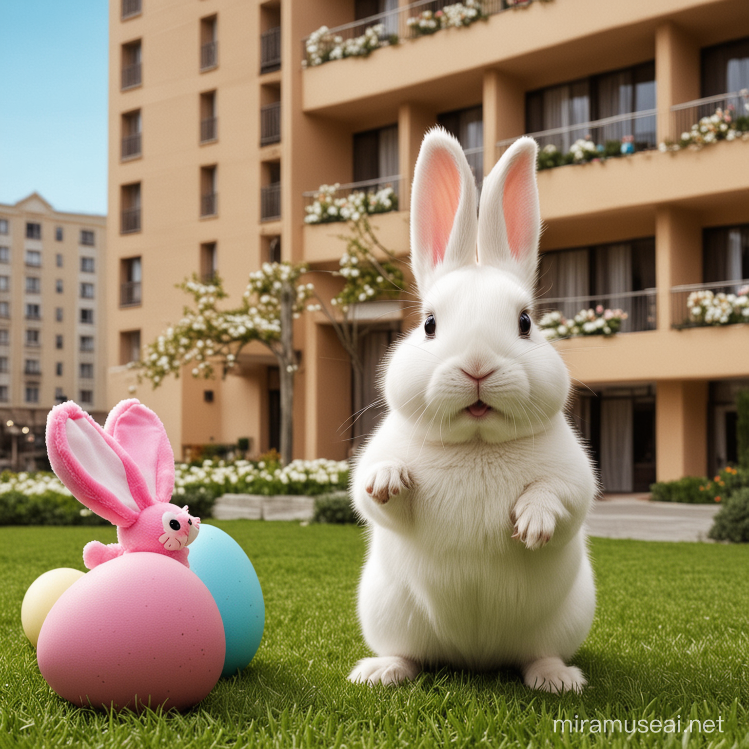 Make me a picture for Easter with rаbbit and hotel outside
