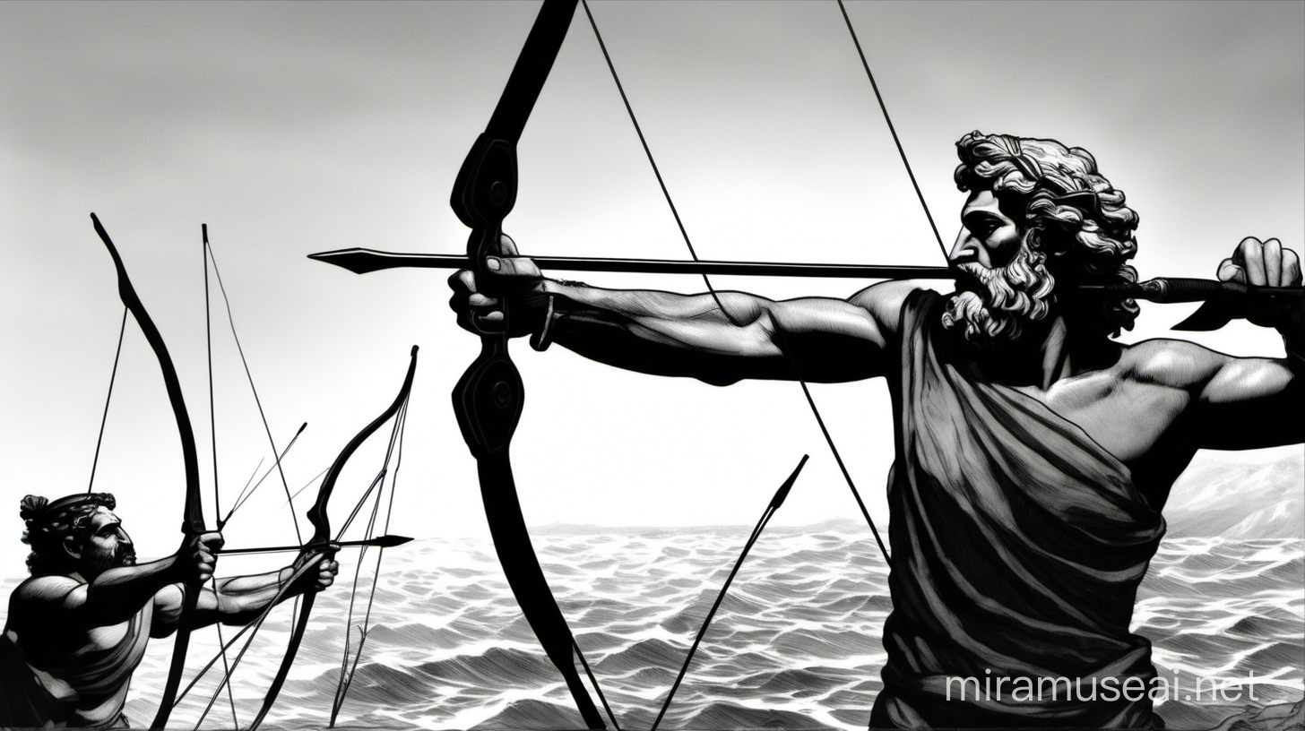 Odysseus shooting a bow, close up, just as in the book, The Odyssey (make this scene) Black and white.