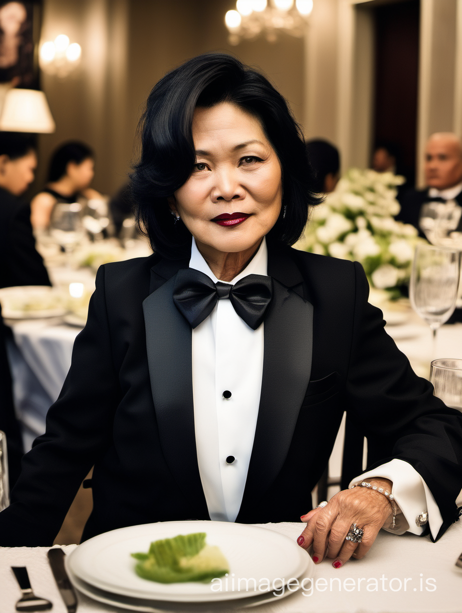 50 year old stern vietnamese woman with black shoulder length hair and lipstick wearing a tuxedo with a black bow tie and big black cufflinks. Her jacket has a corsage. She is sitting at a dinner table.