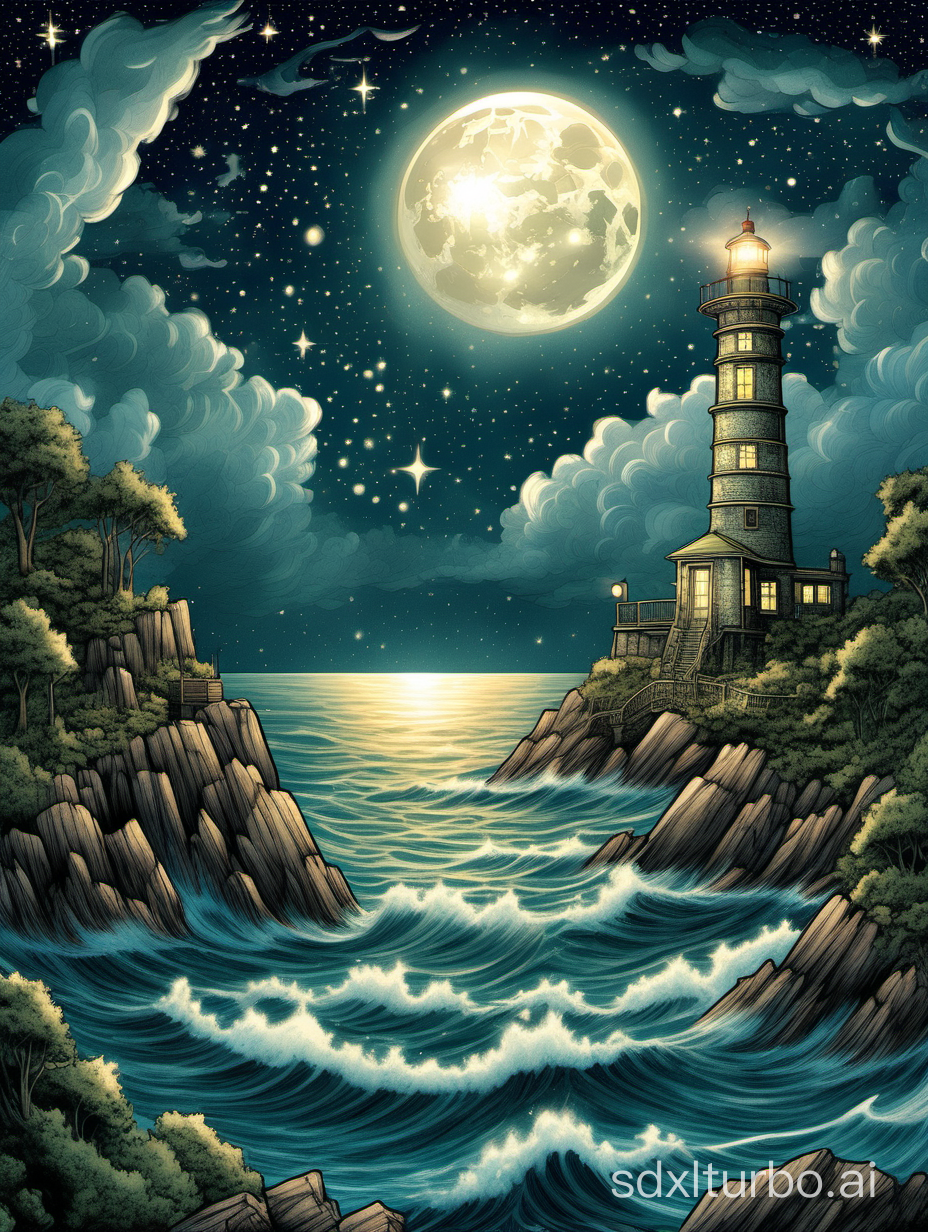 A captivating night scene illustration featuring an ancient lighthouse standing tall on a rocky island. The lighthouse, adorned with multiple windows, emits a warm glow, highlighting its intricate architecture and rich history. The rocky island is covered in lush green trees, reflecting on the calm, moonlit sea waters that mirror the silvery moonlight. The full moon graces the sky, casting an ethereal glow on the clouds and sea, while wispy clouds partially obscure its brilliance, adding to the scene's mystique. Twinkling stars dot the sky, creating a celestial tapestry that harmonizes with the moon's radiance. This enchanting artwork captures a serene and peaceful night, where the illuminated lighthouse stands resolute amidst the celestial beauty, creating a cinematic experience., cinematic, illustration