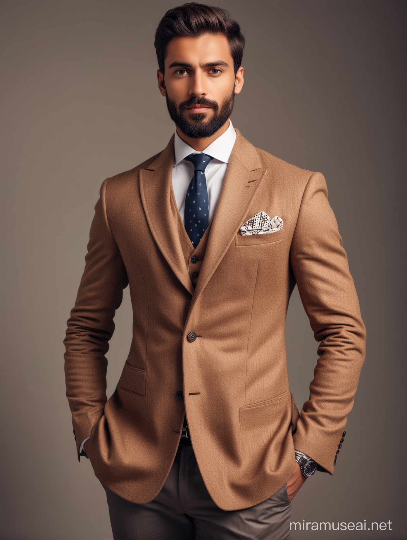 full body portrait of most handsome european man with indian features, elegant and arrogant looks, alfa male, trimmed fashionable beard,