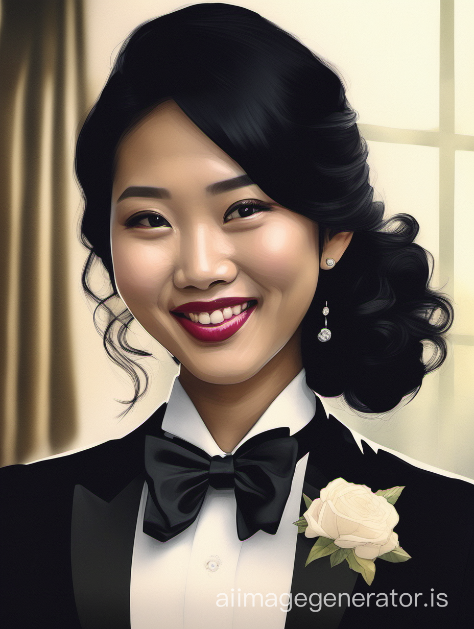 30 year old smiling vietnamese woman with black shoulder length hair and lipstick wearing a tuxedo with a black bow tie and big black cufflinks. Her jacket has a corsage. She is sitting at a dinner table.