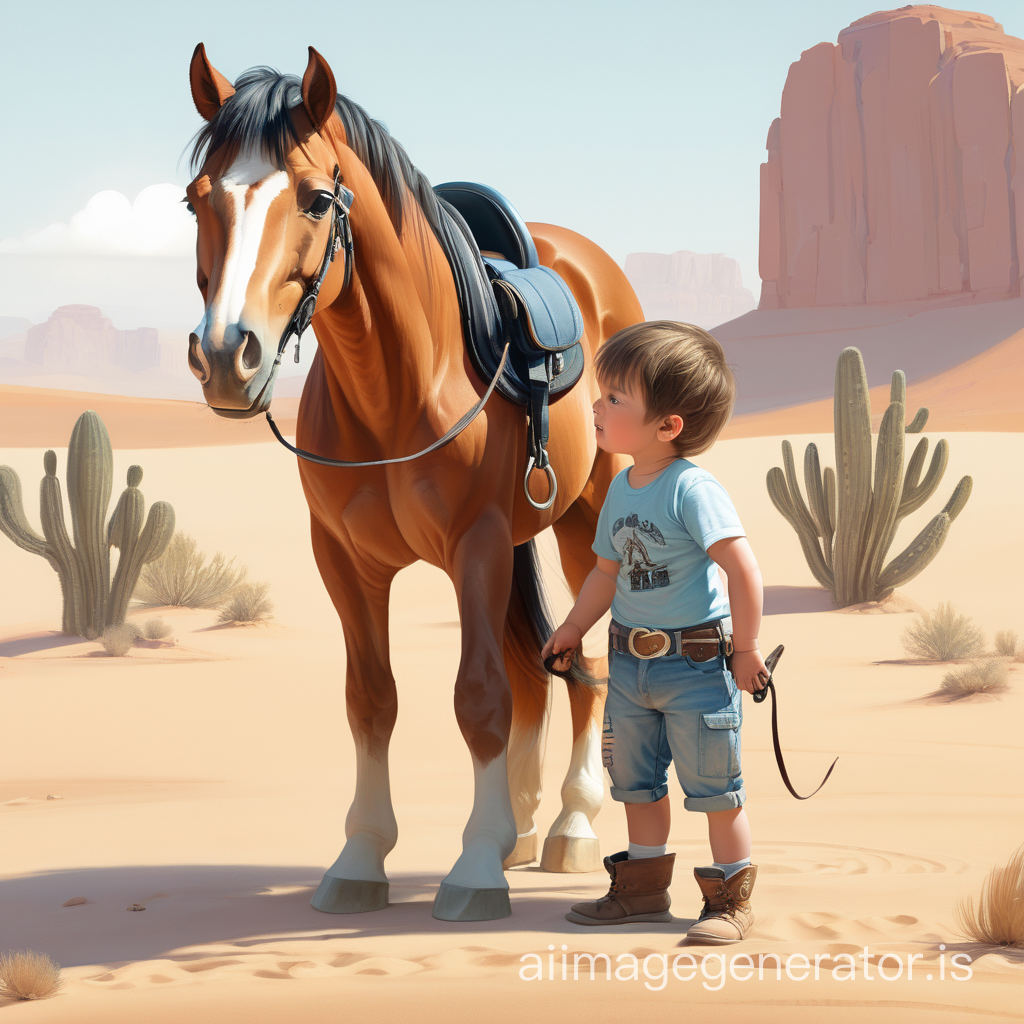 a boy and a babt horse in desert