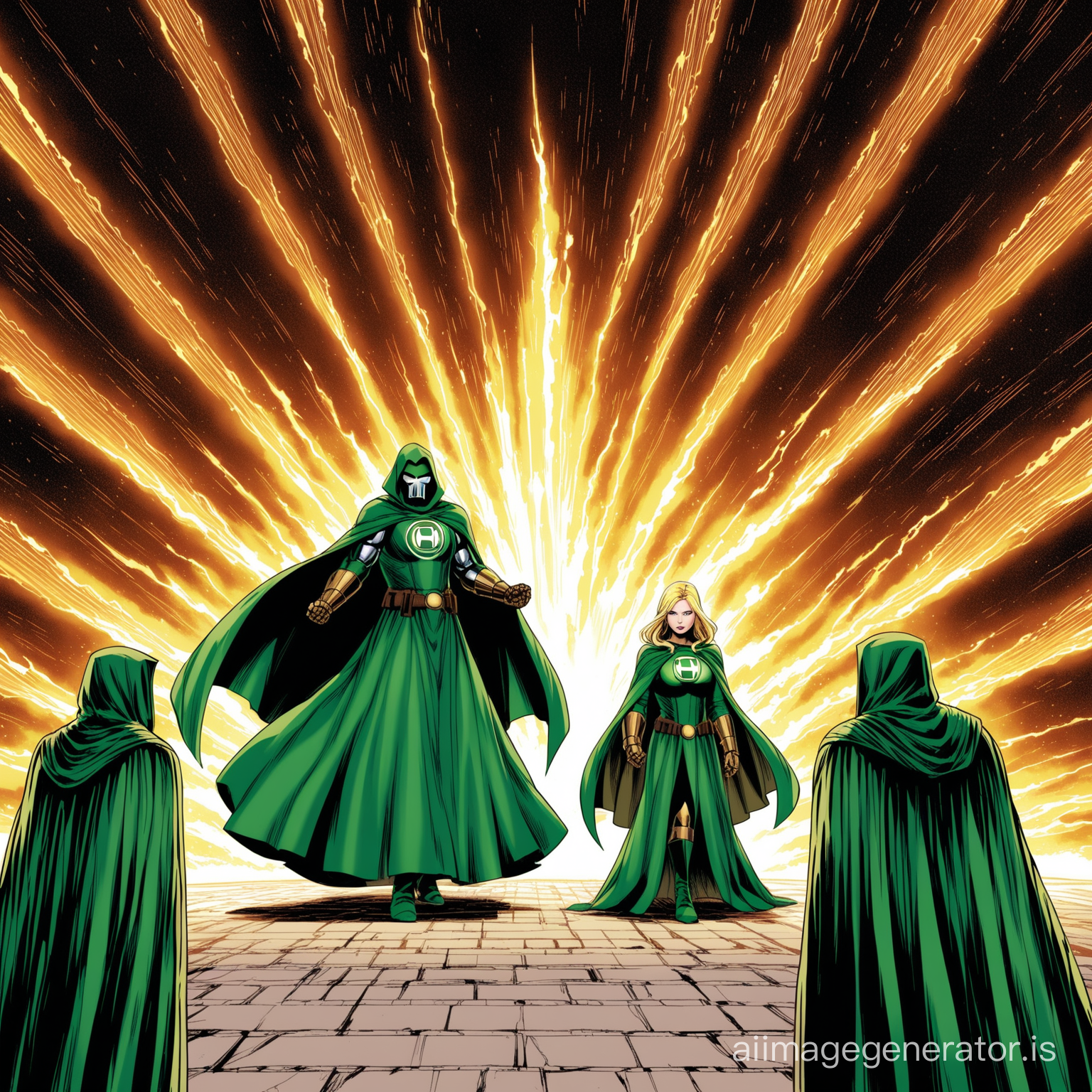 Doctor Doom hypnotizing Sue Storm in a floor-length Medieval billowing dress with heavy cloak