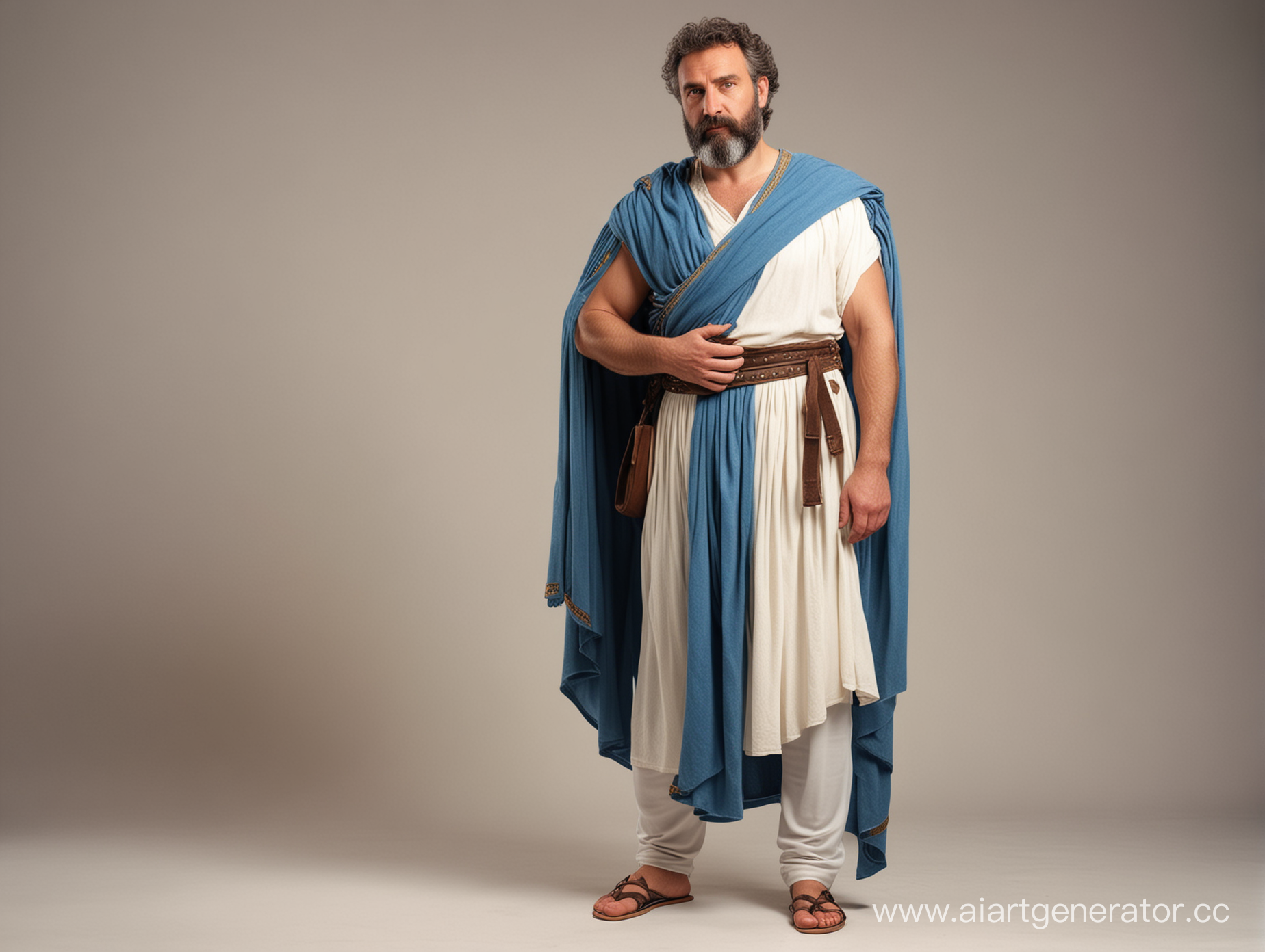 Полный рост, мужчина средних лет в одежде, как у древнего грека. В стиле средневековья