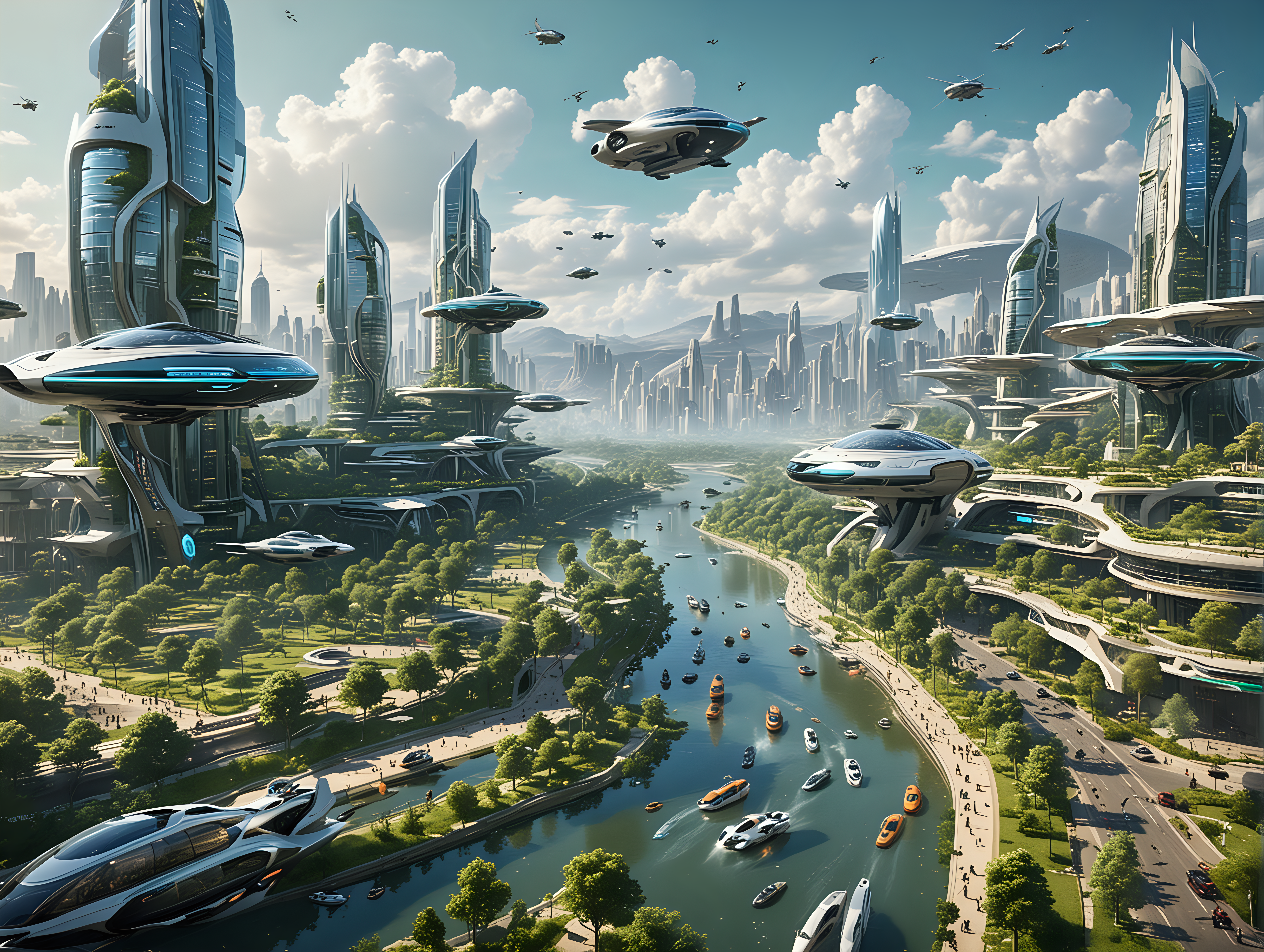 A futuristic city with, flying cars, green spaces, and parks