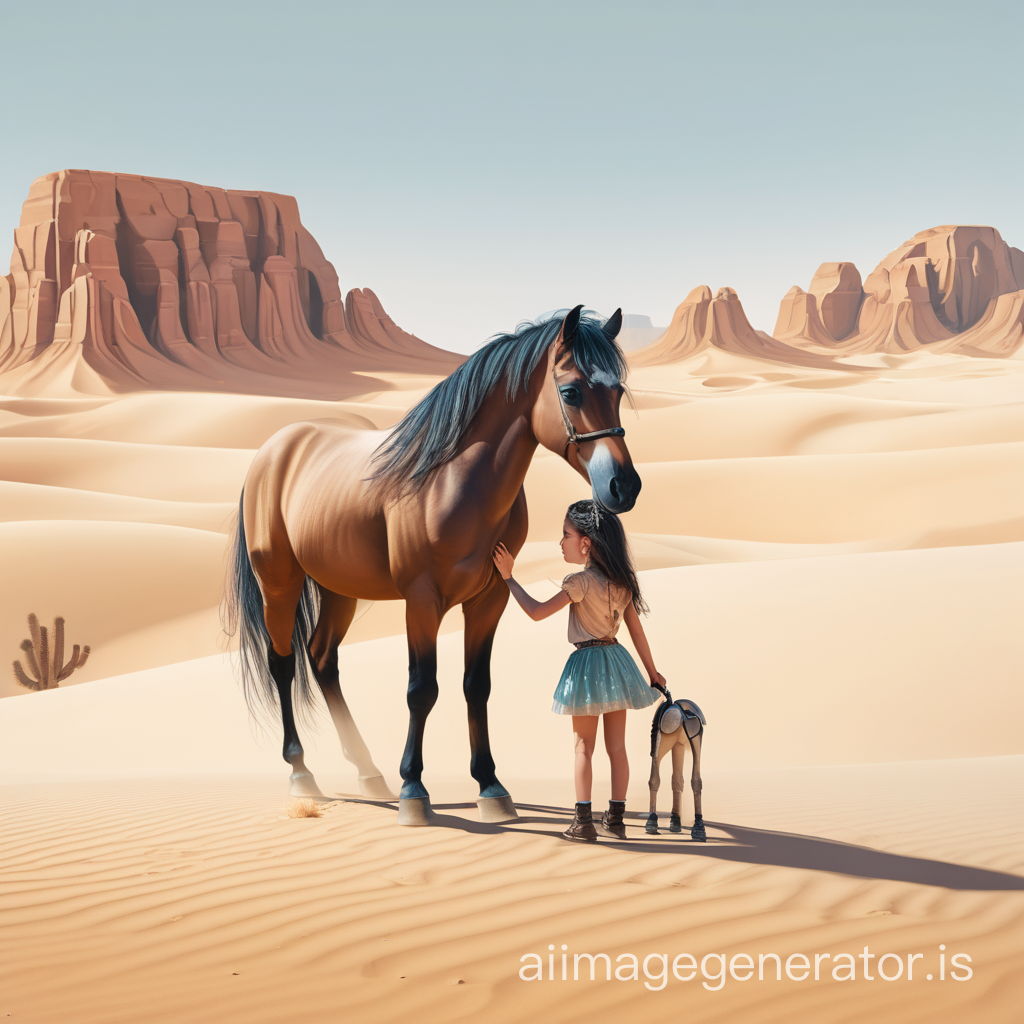 a little horse in desert with a girl