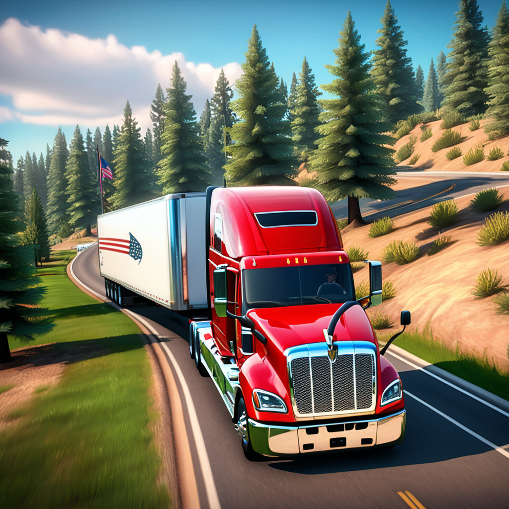red american truck driving on curve road. showing pine trees, grass roundabout, From the makers of Bus Simulator 2023 comes the new and improved Truck Simulator USA Revolution. Want to know what driving an 18 Wheeler feels like? Truck Simulator USA offers a real trucking experience that will let you explore amazing locations. This American Truck Simulator features many American and European semi truck brands and all kinds of big rigs with realistic engine sounds and detailed interiors! Drive across America, transport cool trailers such as vehicles, gasoline, gravel, food, ship anchors, helicopters, and many more, red american truck driving on curve road. showing pine trees, grass roundabout, 