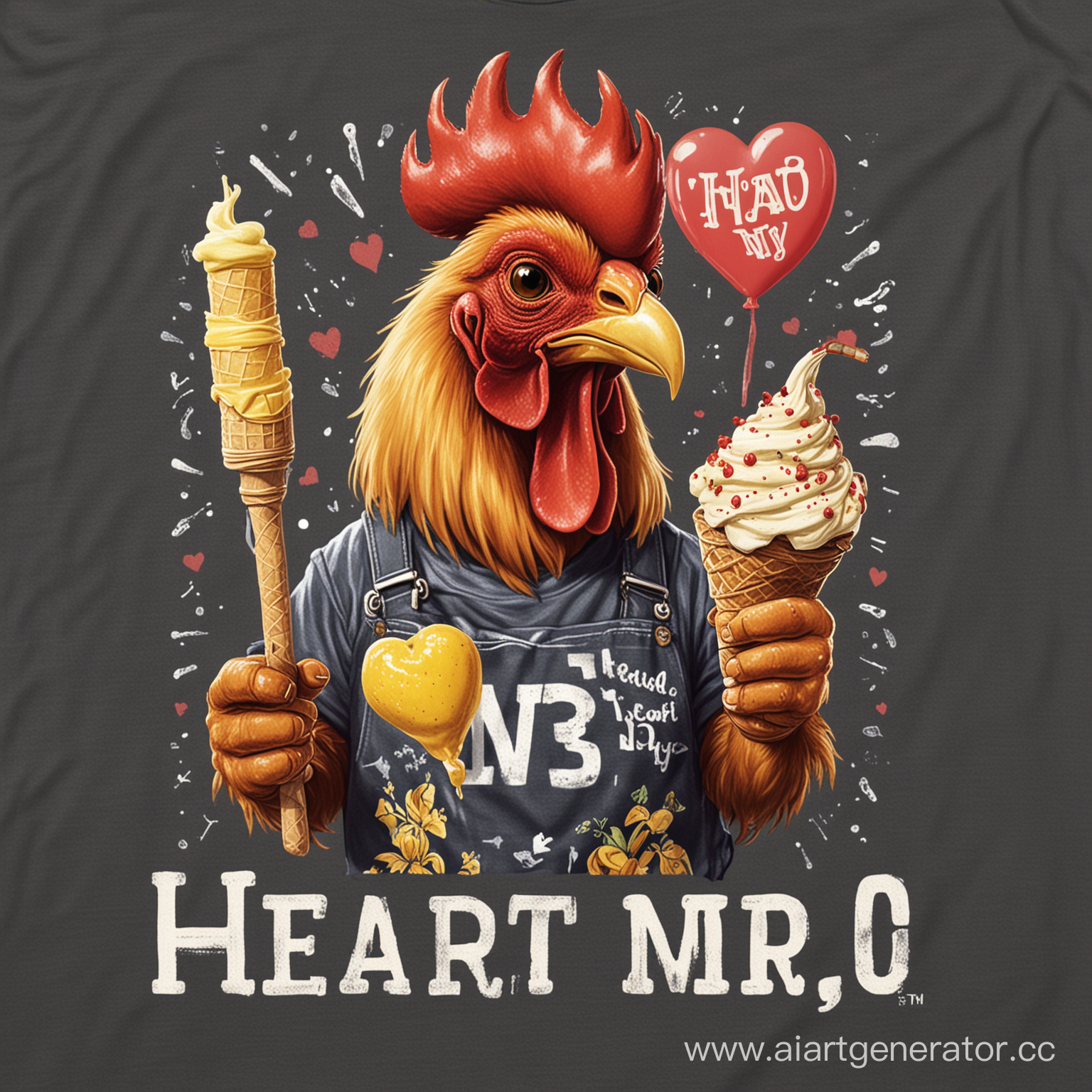 Rooster, wearing a t-shirt that says "I (heart image - like I heart NY) BBQ! with the rooster holding an ice cream cone (two scoops) and a cup with a straw in it that has an image of a lemon