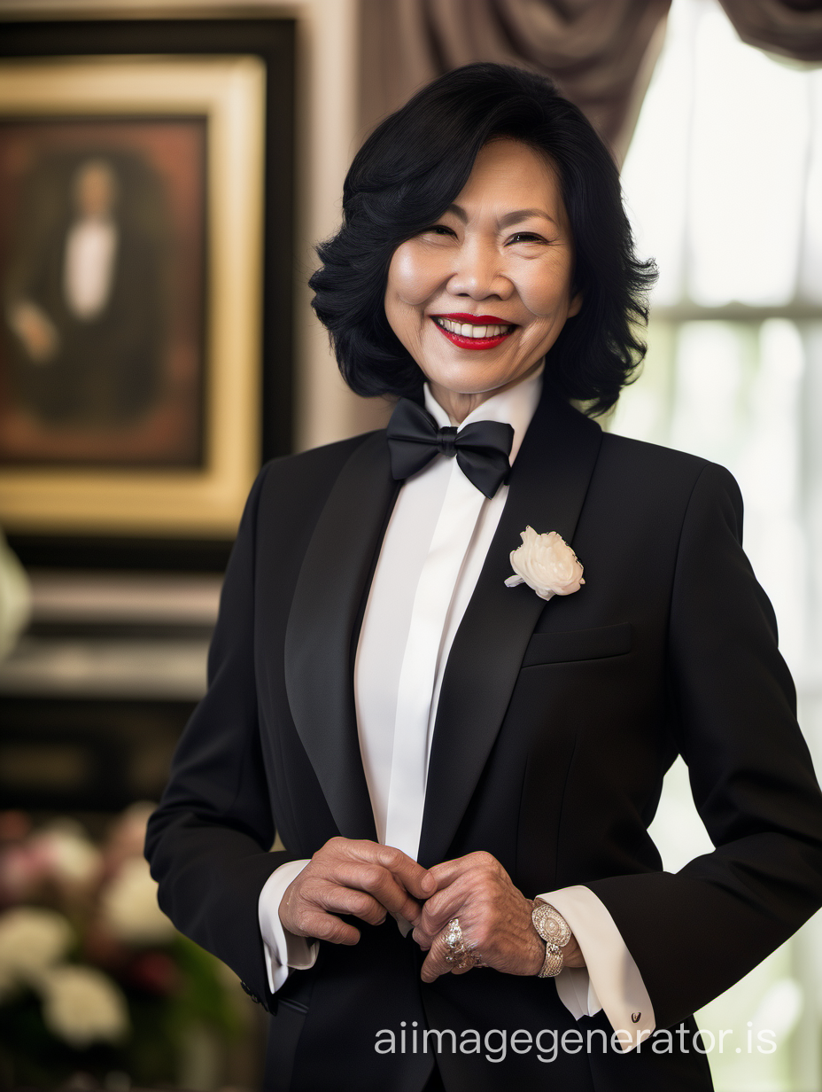 50 year old smiling vietnamese woman with black shoulder length hair and lipstick wearing a formal tuxedo with a black bow tie and big black cufflinks. Her jacket has a corsage. Her jacket is open. She is standing in a room in a mansion.