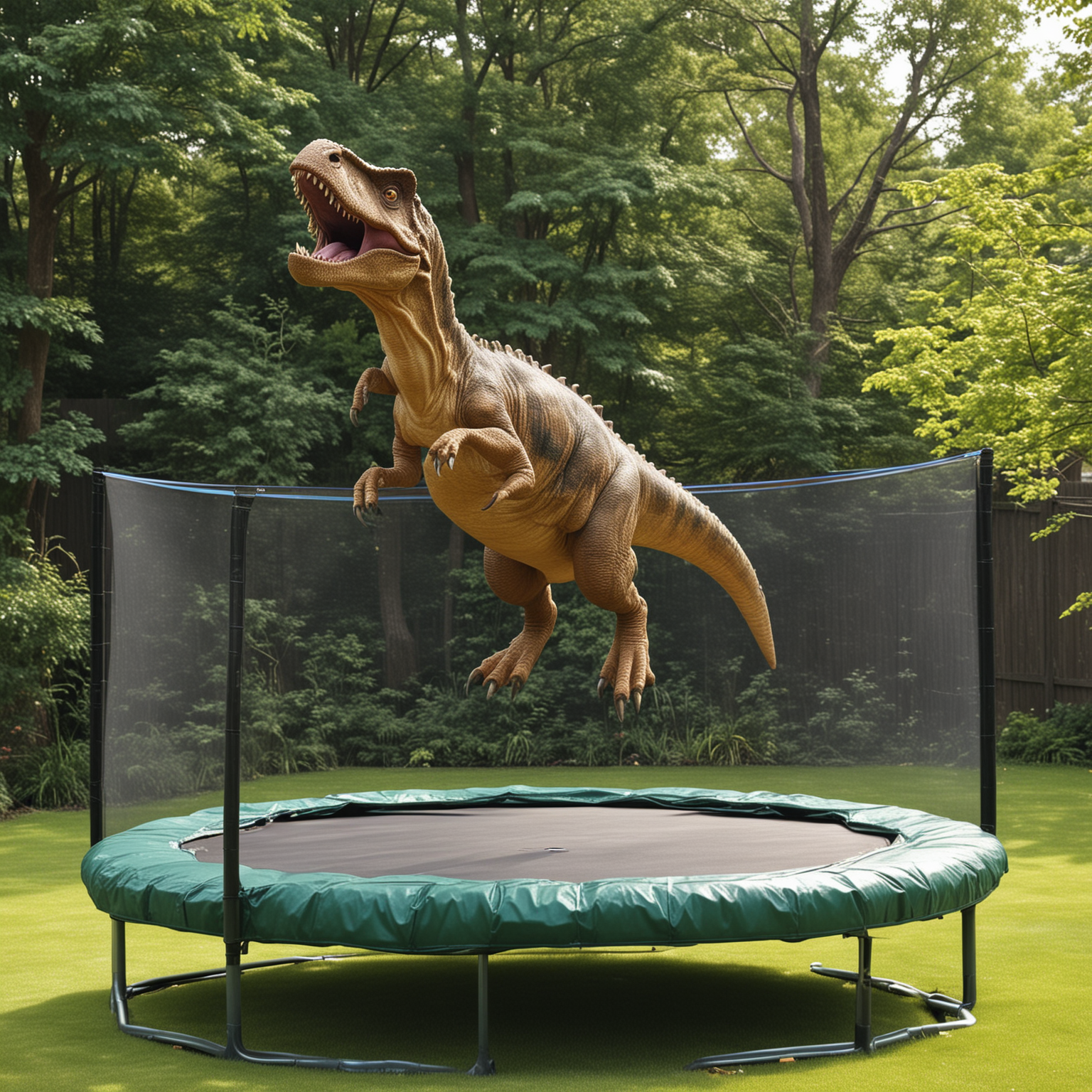 Playful Dinosaur Bouncing on a Vibrant Trampoline