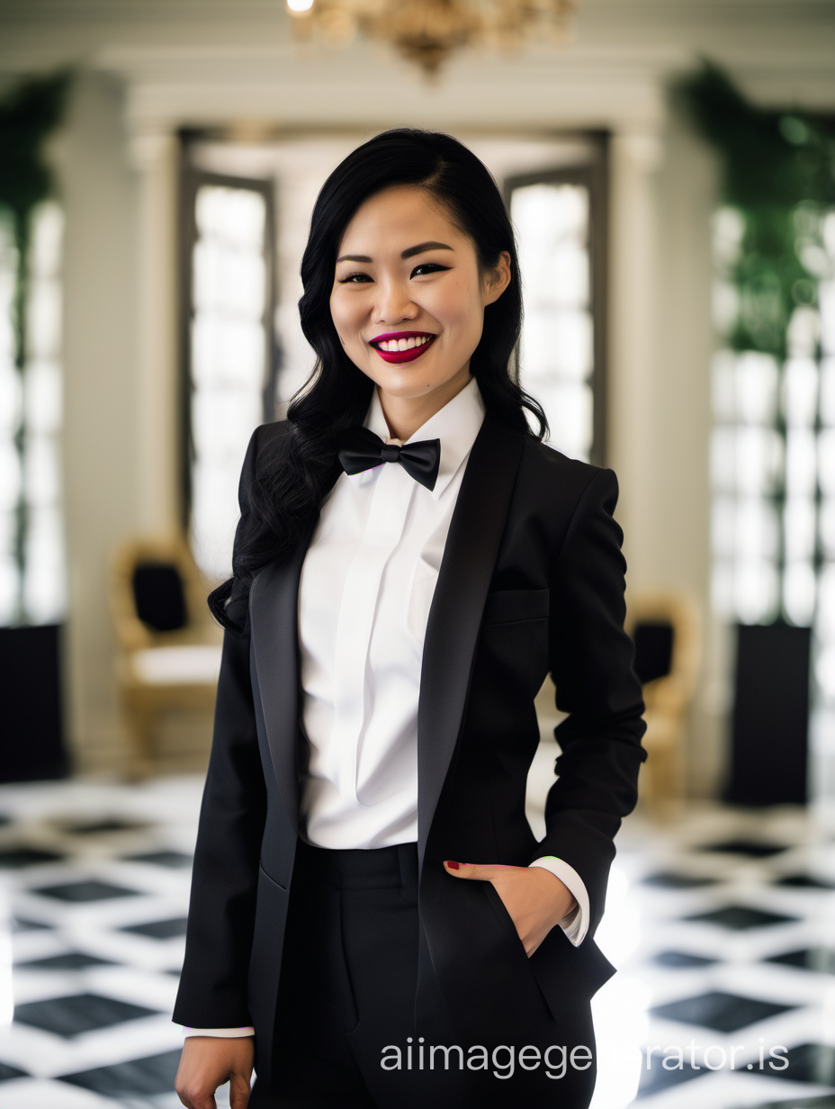 30 year old smiling vietnamese woman with black shoulder length hair and lipstick wearing a tuxedo with a black bow tie and big black cufflinks. Her jacket has a corsage. Her jacket is open. She is standing in a room in a mansion.