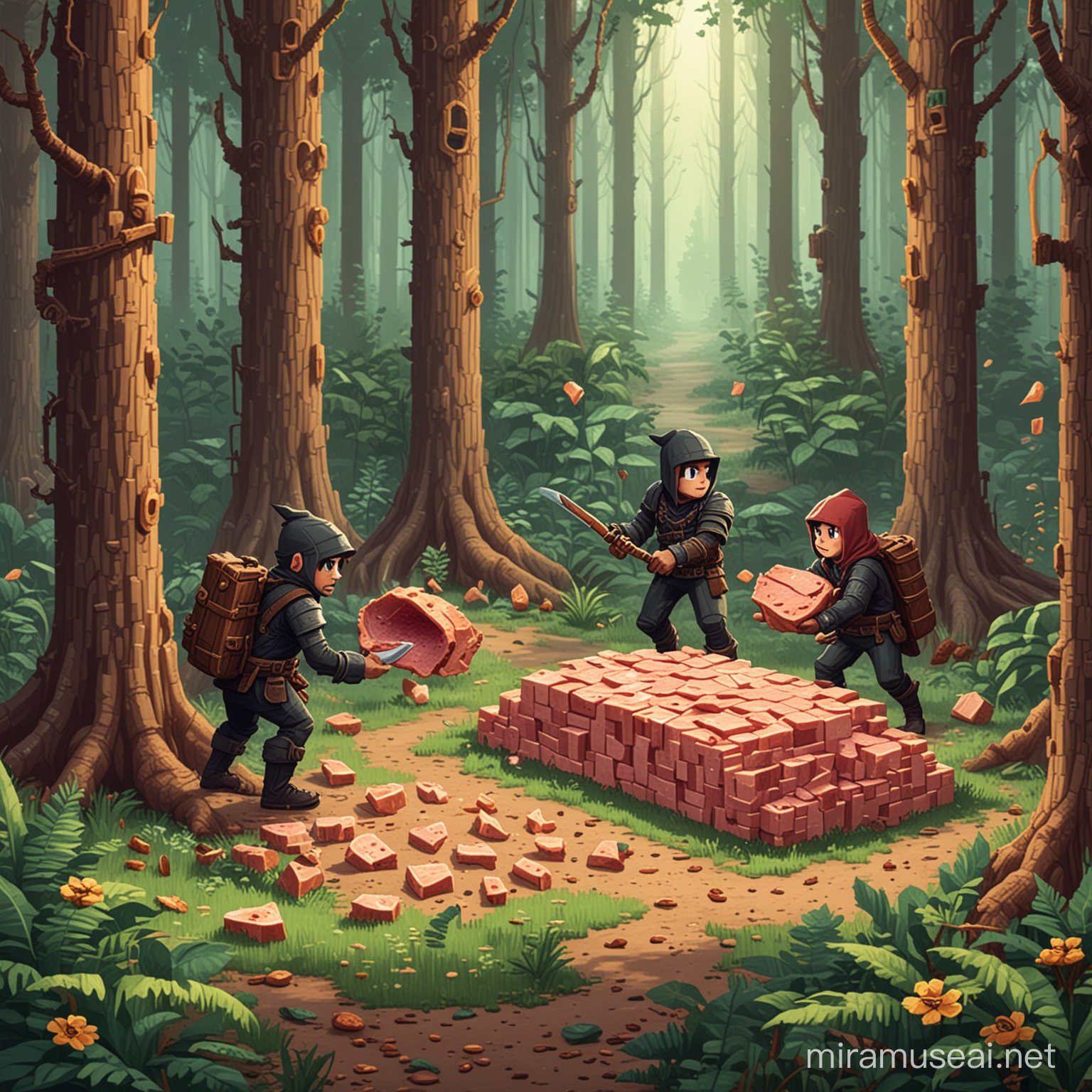 a pixel sprite of thieves stealing  a ham slice in the forest pixel art


